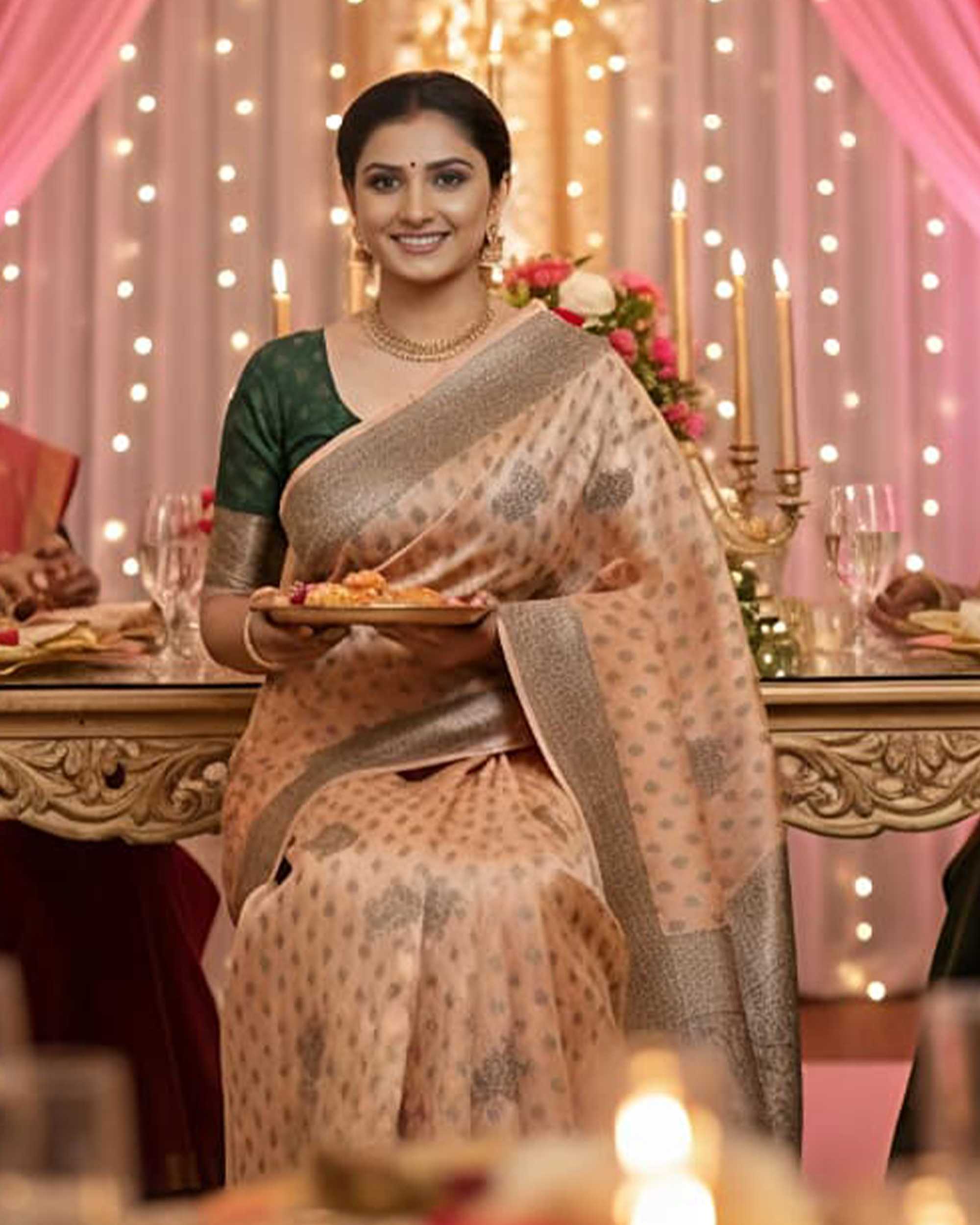 Women Peach & Bronze-Toned Zari Silk Blend Banarasi Saree with Unstitched Blouse Piece