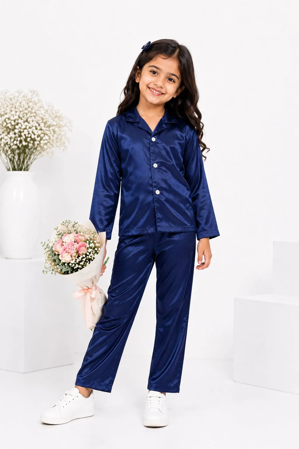 Girls Navy Blue Luxury Satin Night Suit Set – Smooth Full-Sleeve Shirt & Relaxed Pyjamas
