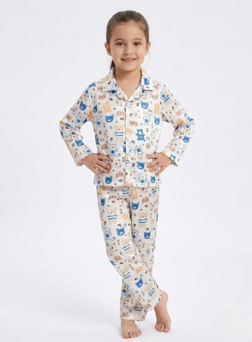 Girls Bear Print Luxury Satin Night Suit – Full Sleeve Shirt & Pajama Sleepwear Set