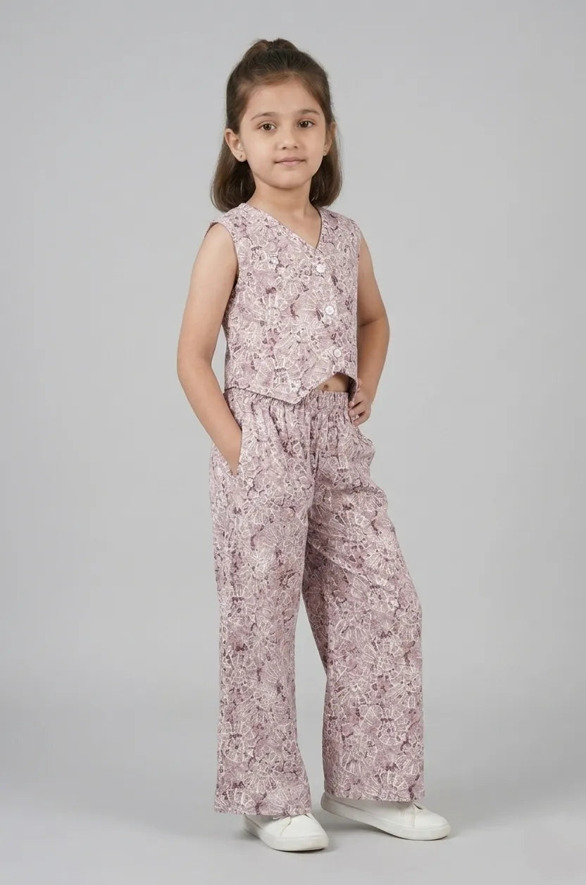 Girls Mauve & White Floral Printed Pure Cotton Co-ord Set