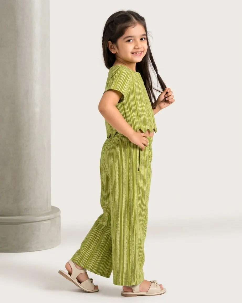 Girls Lime Green & White Pure Cotton Striped Scalloped Co-ord Set