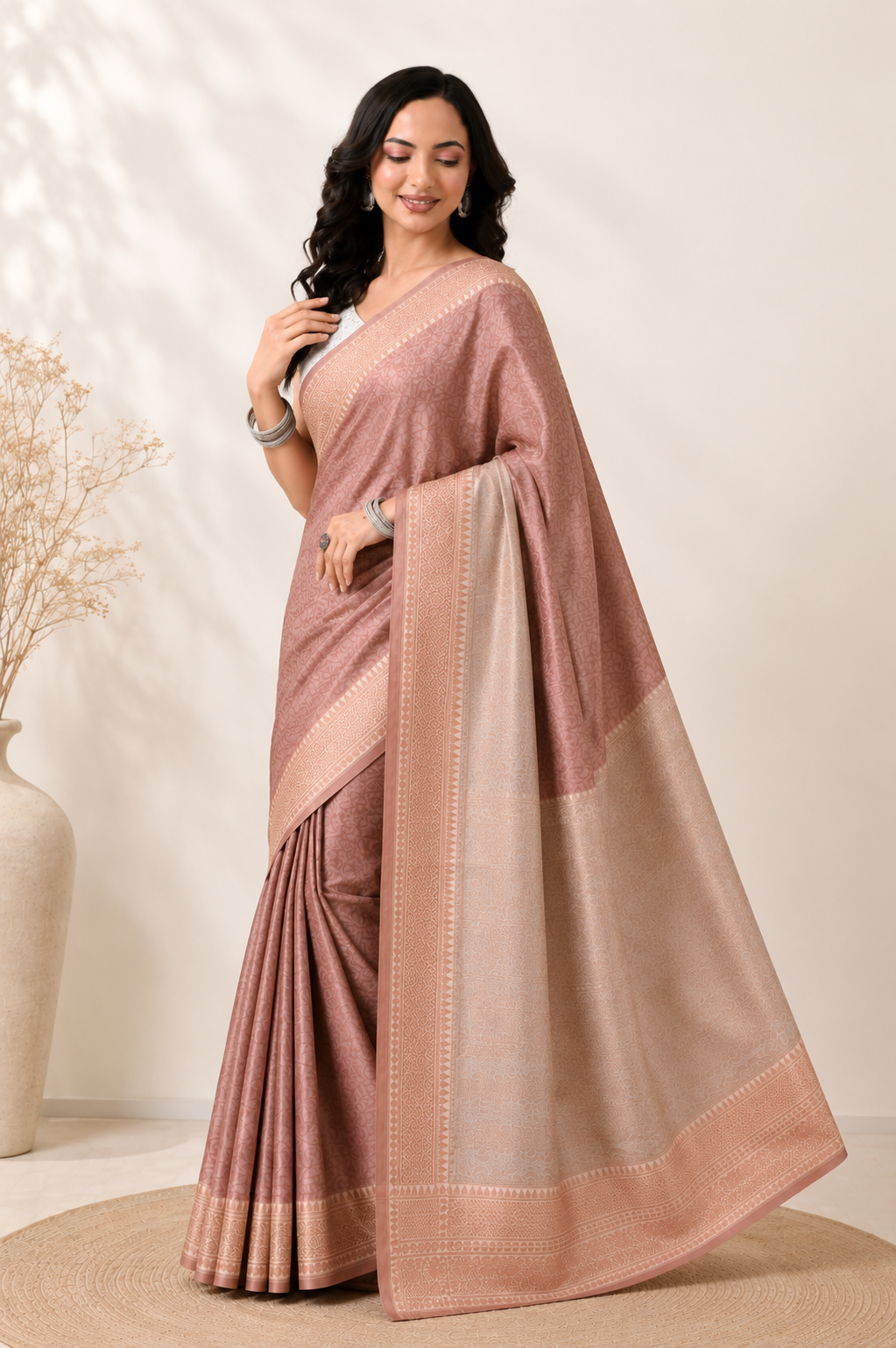 Women Dusty Rose Art Silk Woven Design Saree with Rich Border