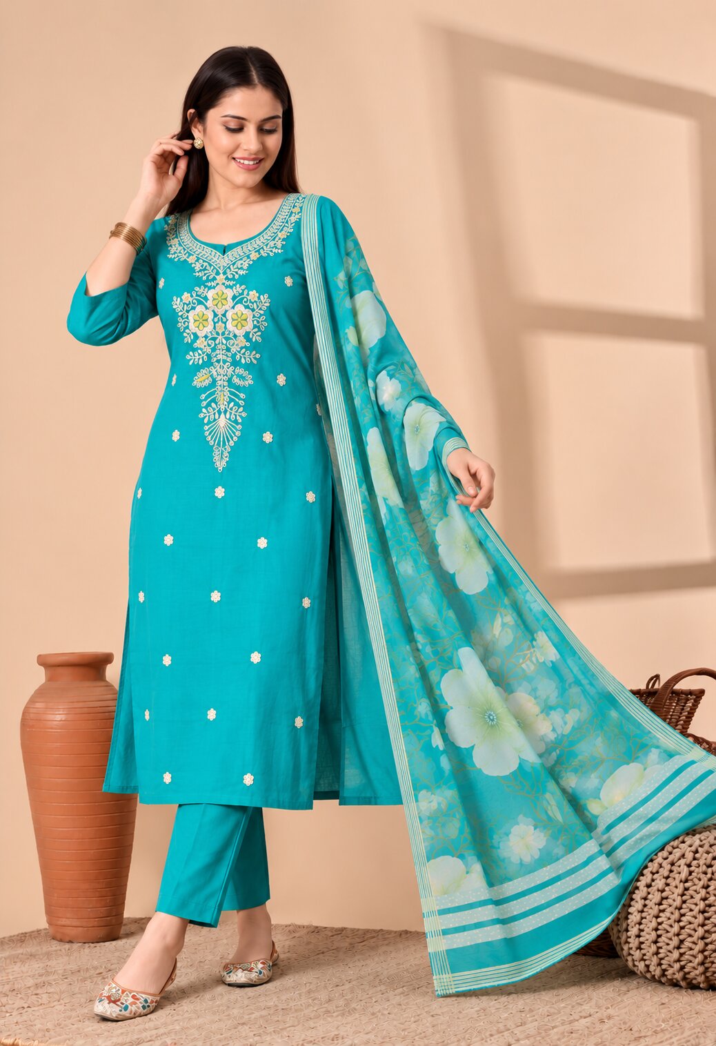 Teal Blue Chanderi Silk Embroidered Suit Set with Dupatta