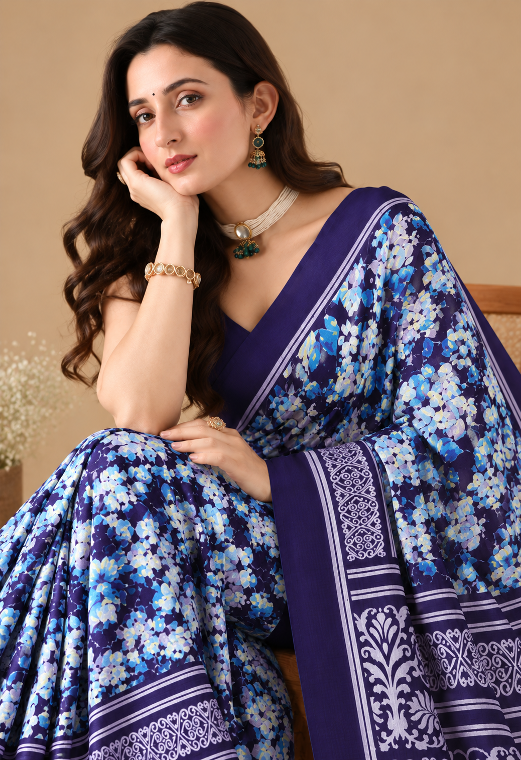 Navy Blue Floral Printed Georgette Saree