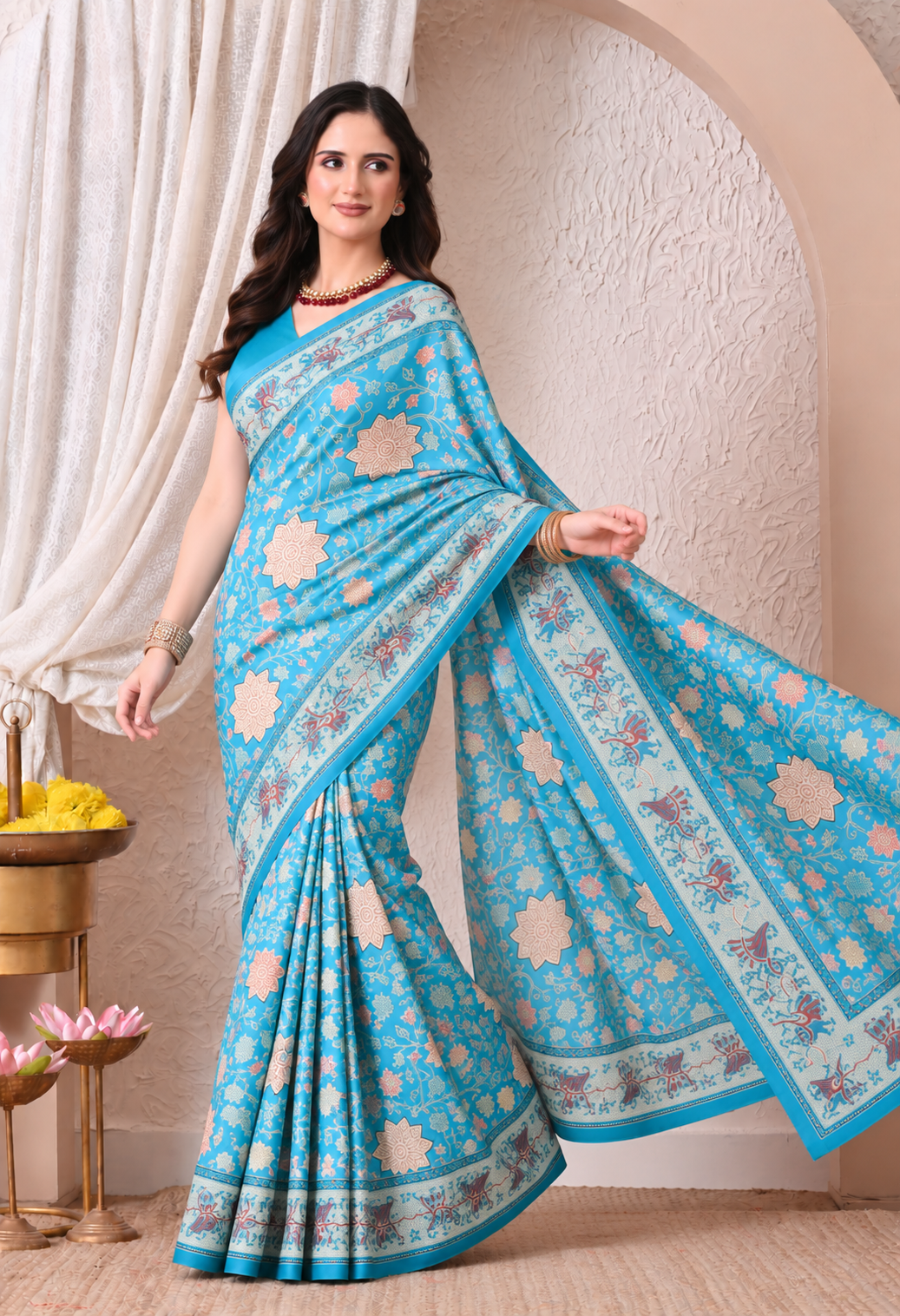 Elegant Turquoise Blue Chiffon Saree with Floral Print