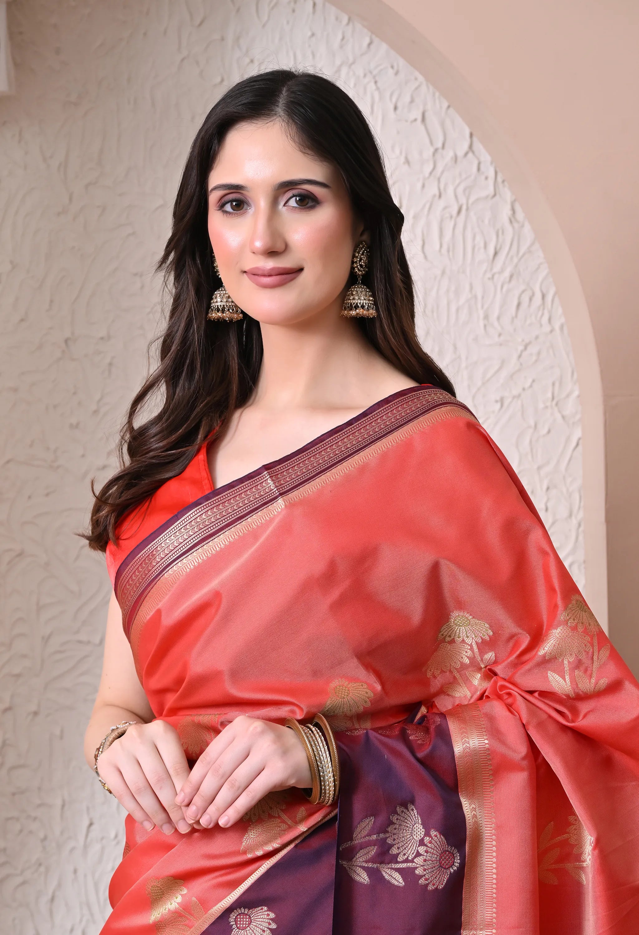 Vibrant Peach-Coral and Deep Wine Silk Blend Saree