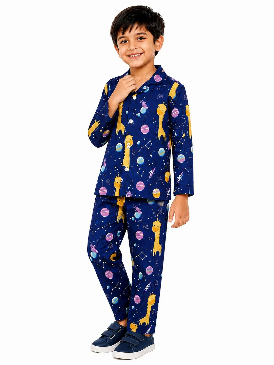 Kids Boys Navy Blue & Yellow Giraffes in Space Printed Night Suit
