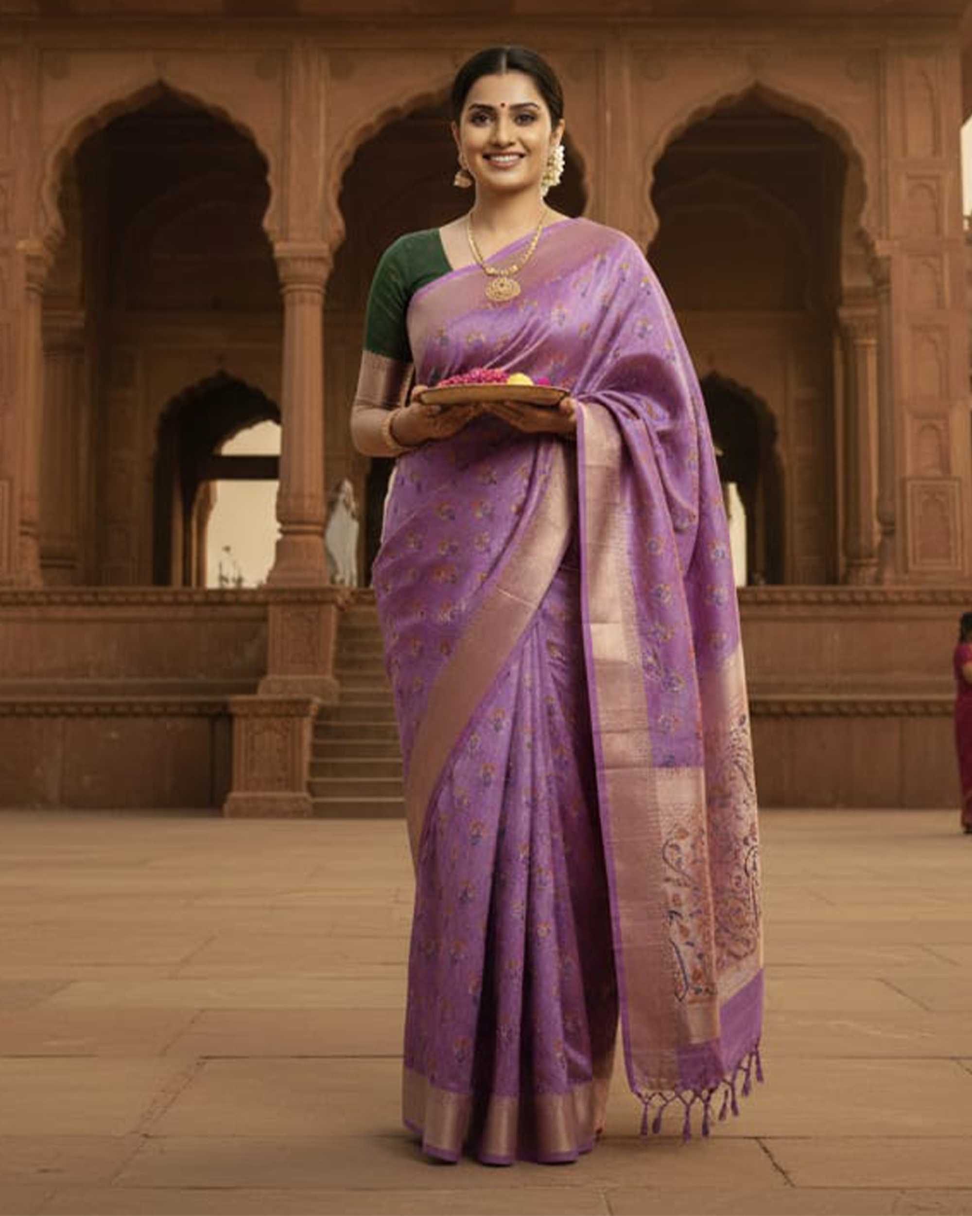 Women Lavender & Rose Gold-Toned Silk Blend Floral Printed Kanjeevaram Saree with Zari Border