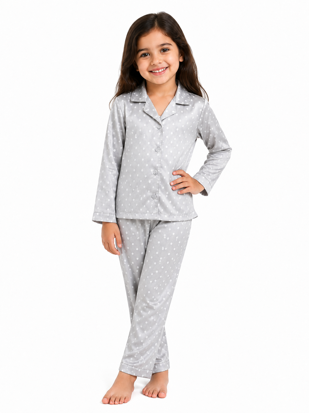 Girls Grey Polka Dot Printed Satin Nightsuit Set