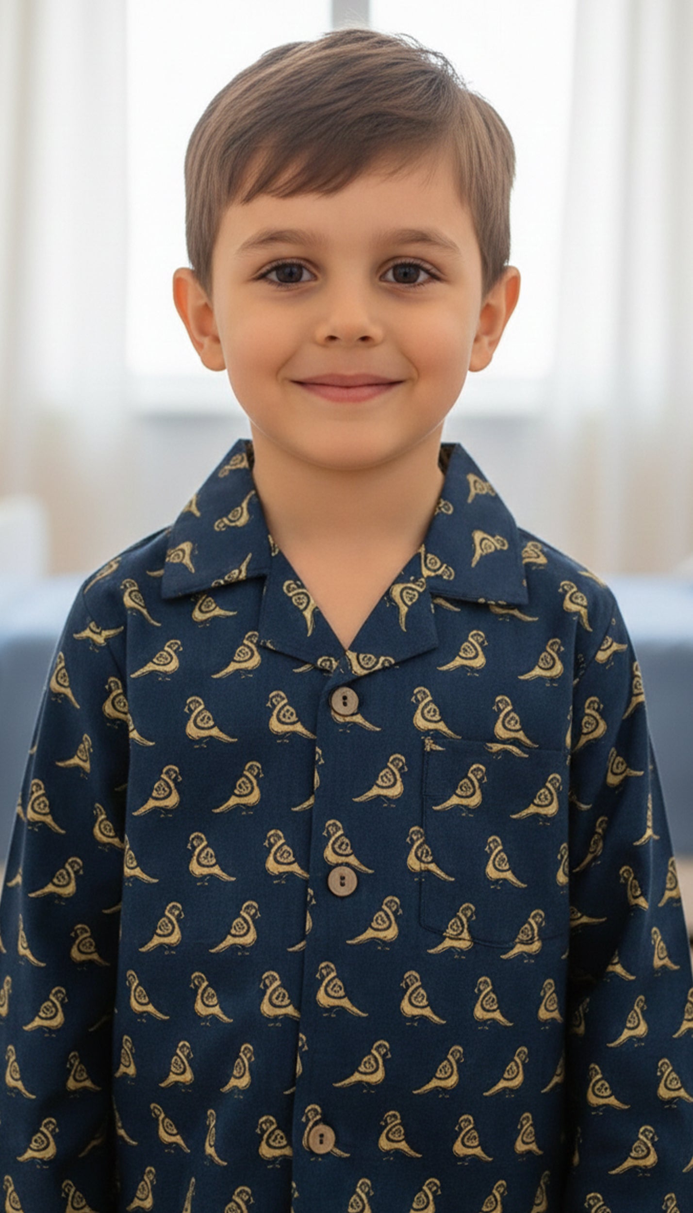 Boys Navy Blue & Bird Print Pure Cotton Night Suit