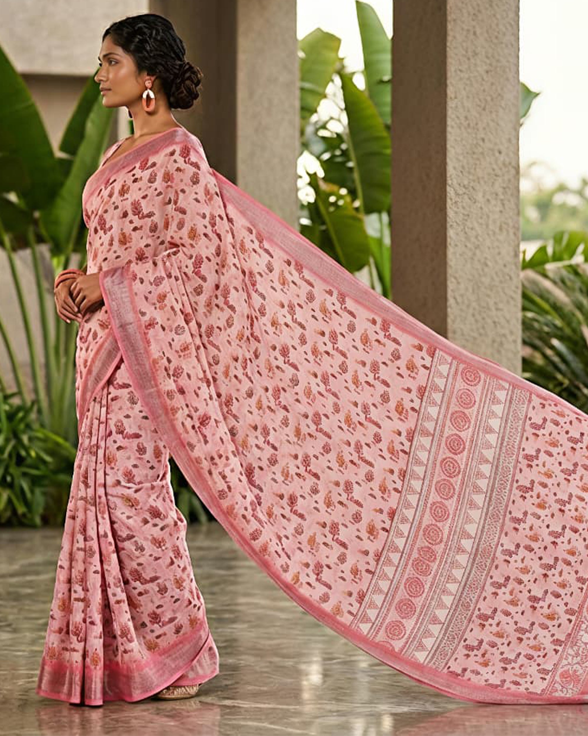 Pink & Red Floral Printed Pure Cotton Saree with Zari Border