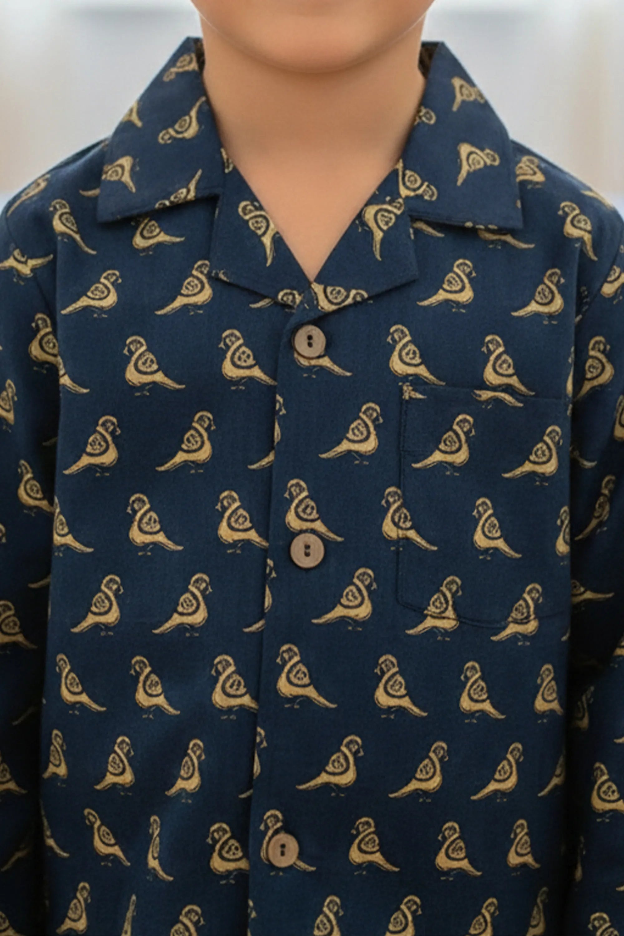 Girls Navy Blue & Bird Print Pure Cotton Night Suit