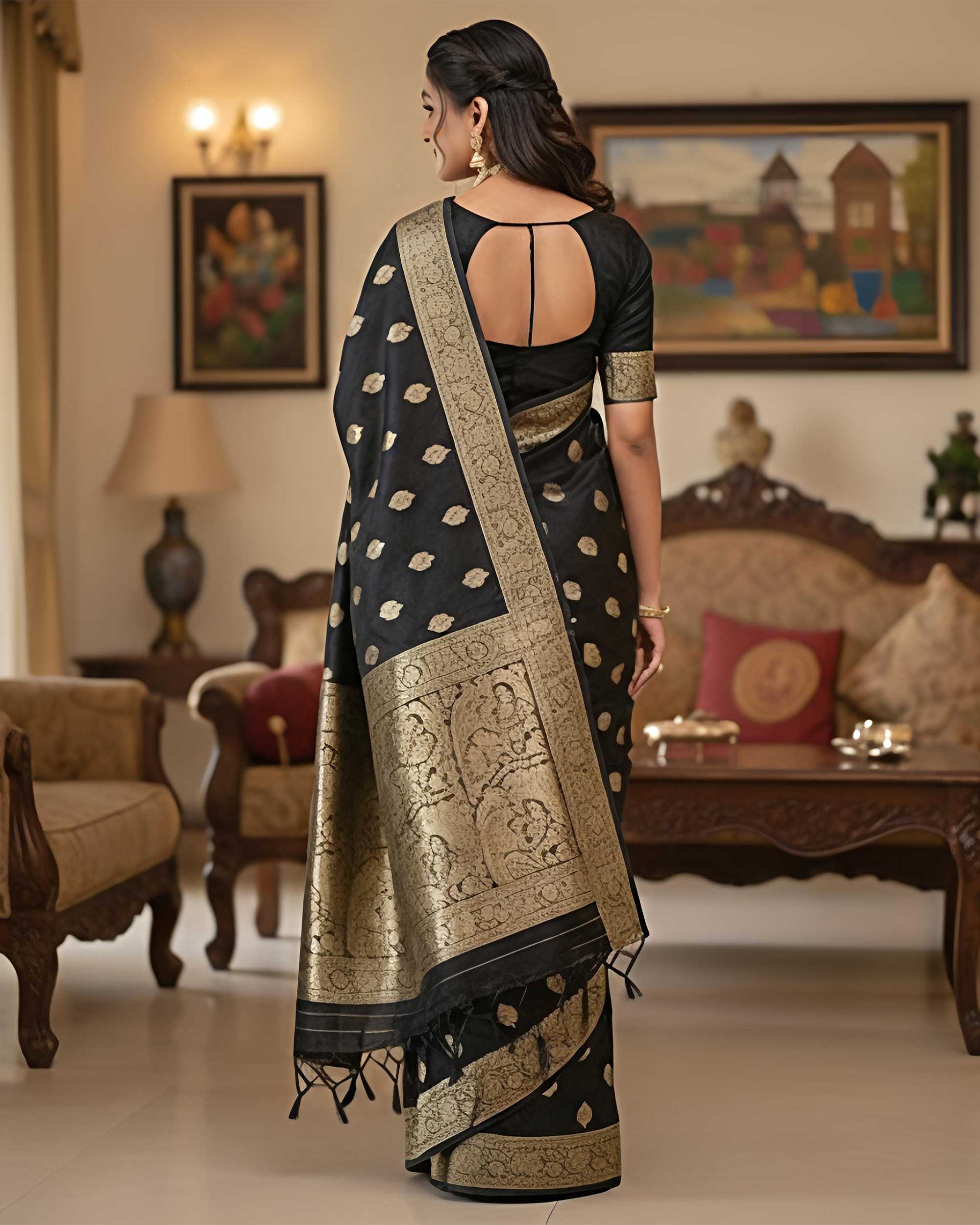 Black & Gold-Toned Zari Woven Banarasi Silk Blend Saree Includes Unstitched Blouse Piece