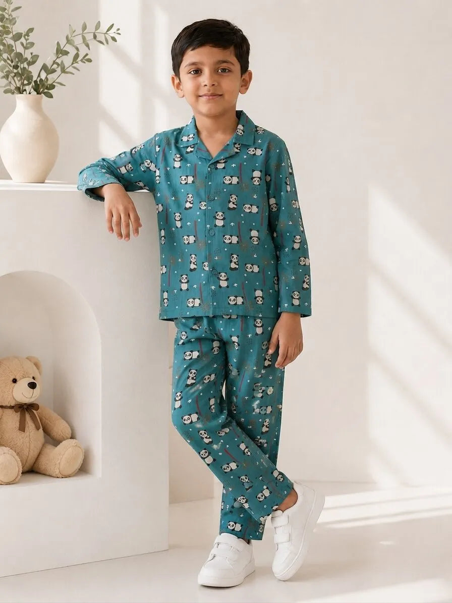 Kids Boys Blue Panda Printed Satin Night Suit