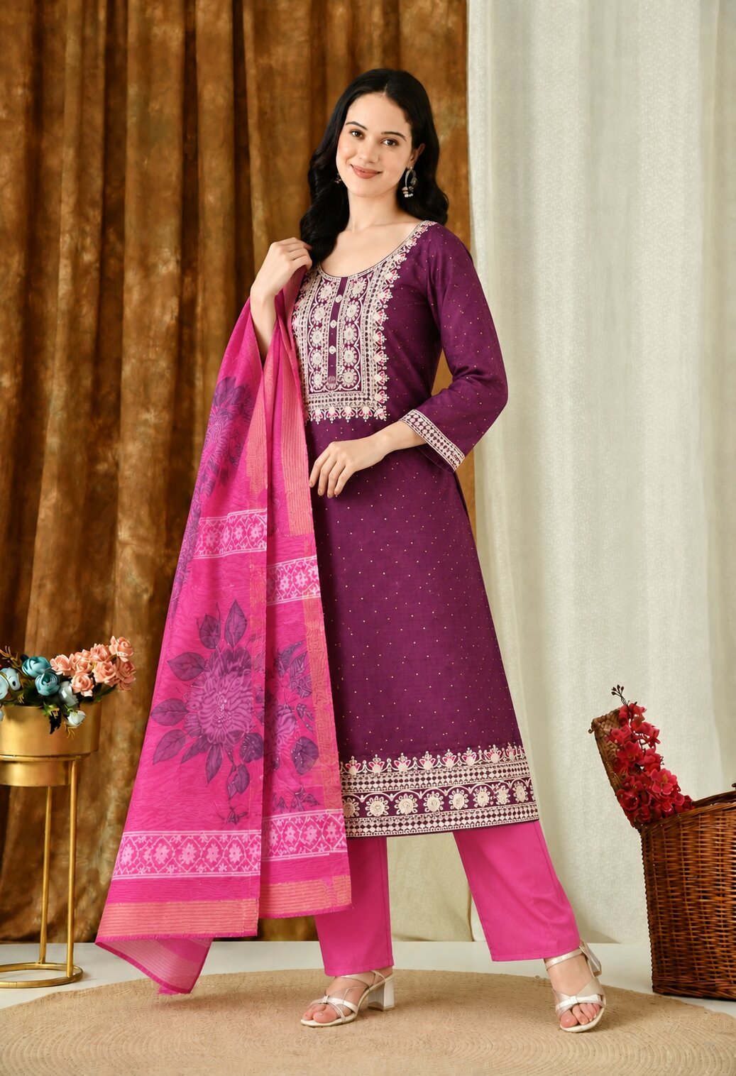 Wine Purple Chanderi Silk Embroidered Suit Set with Pink Organza Dupatta for Women