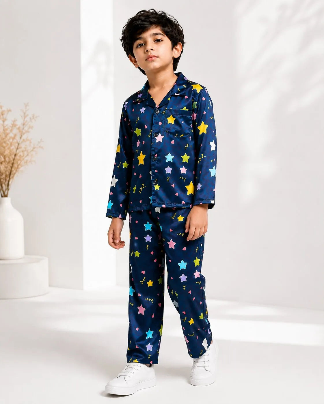 Boys Navy Blue & Multi-Colored Star Print Satin Night Suit