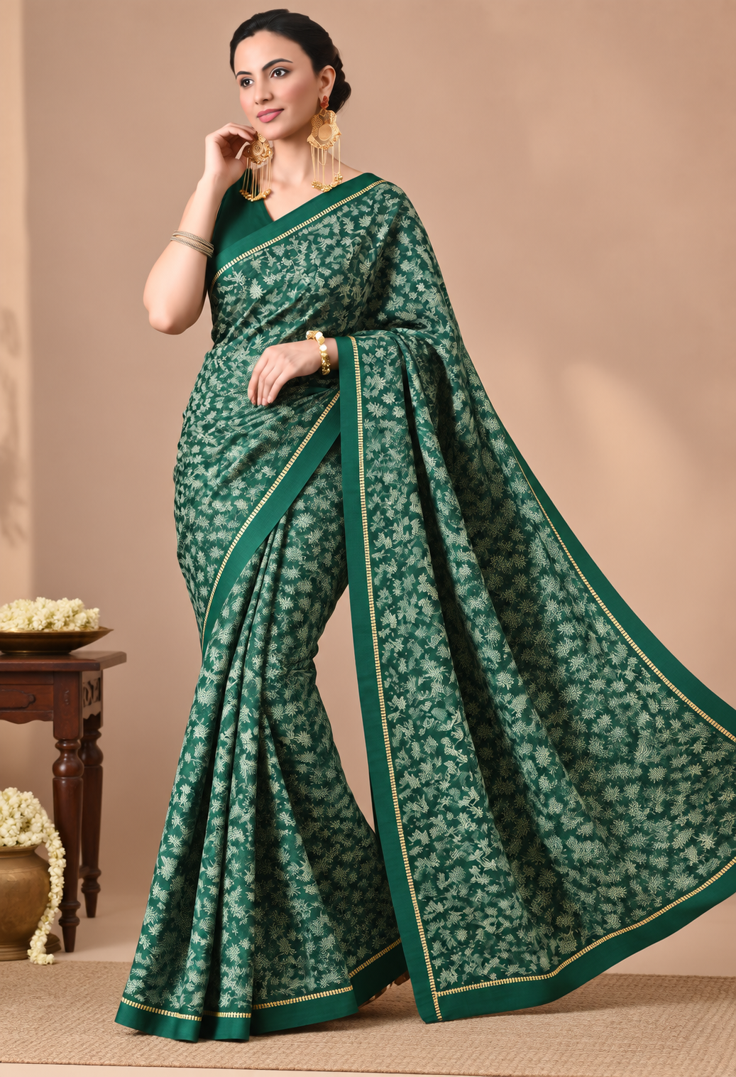 Elegant Bottle Green Chiffon Saree with Intricate Floral Print
