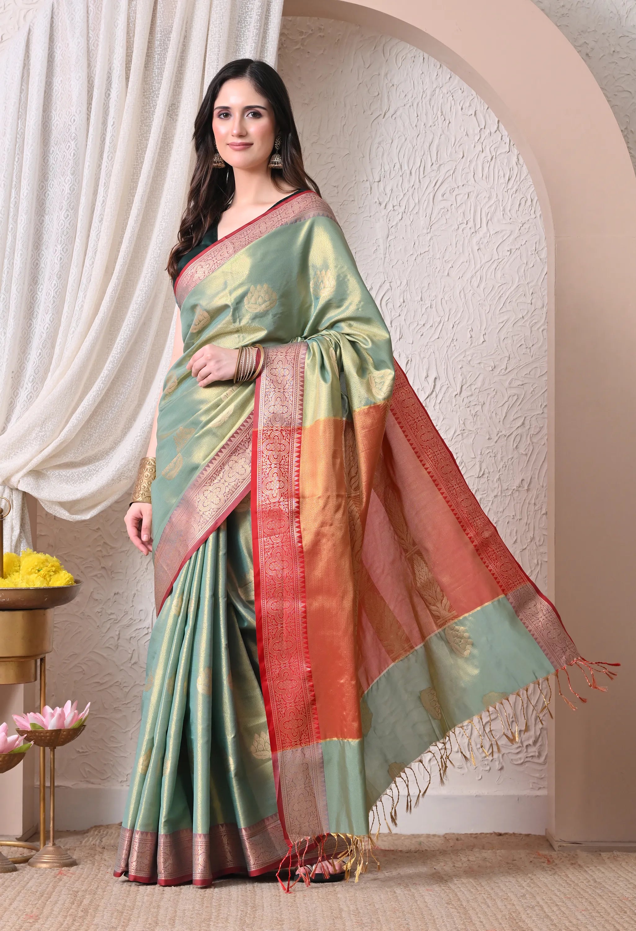 Pastel Sage Green & Rust Red Silk Blend Banarasi Saree with Lotus Butis