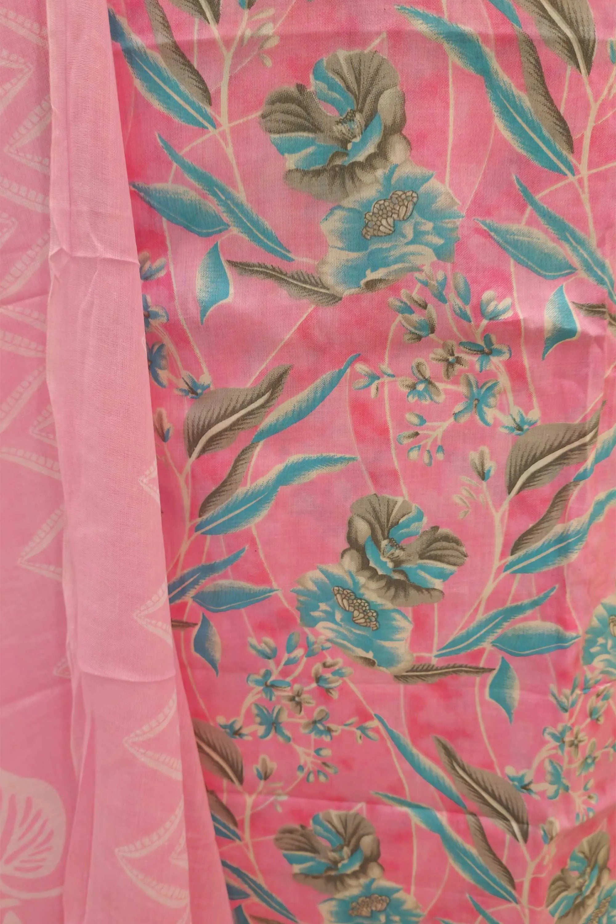 Women Pink & Blue Floral Printed Pure Cotton Unstitched Dress Material with Embroidered Neckline