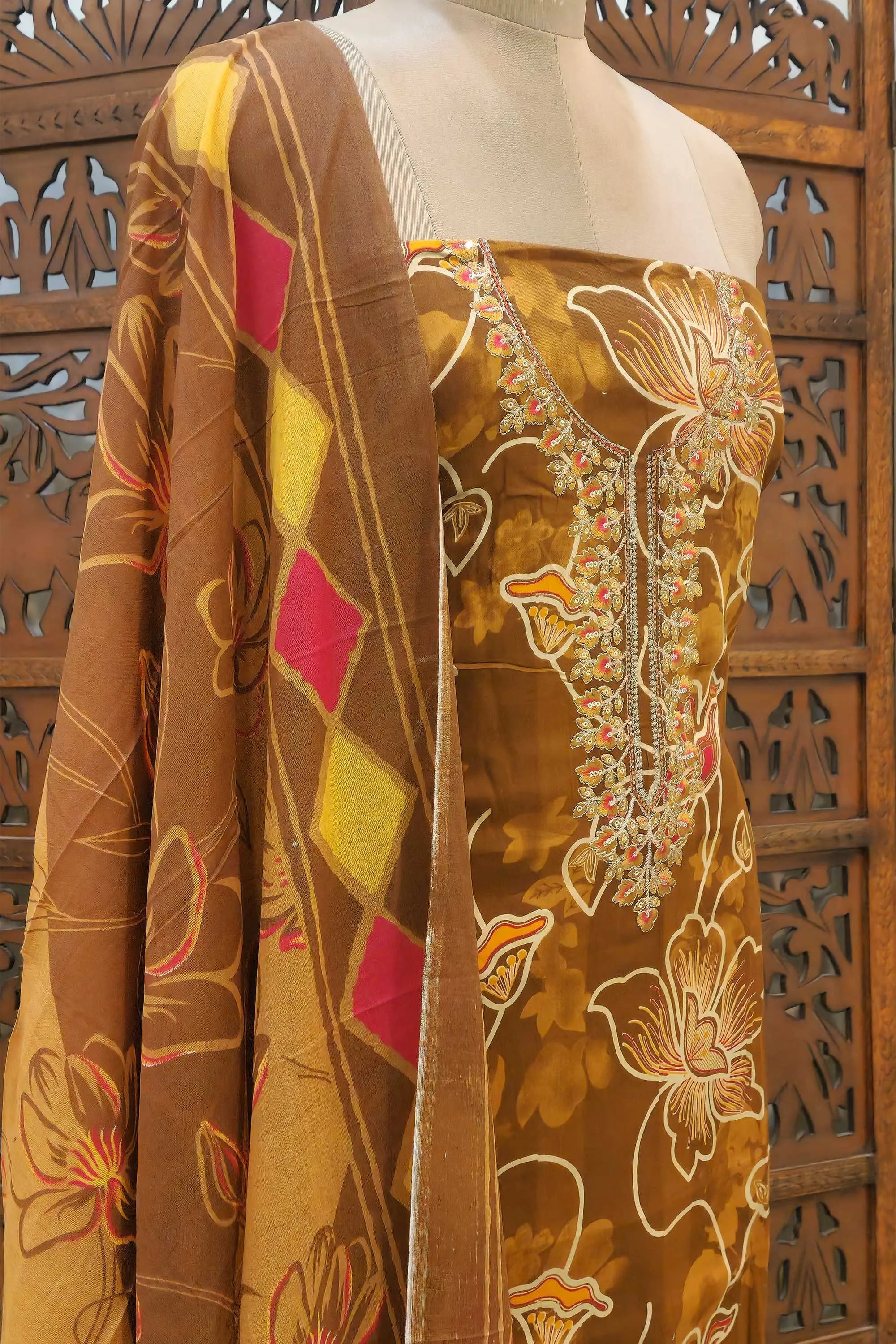 Women Brown & Mustard Floral Printed Unstitched Cotton Dress Material with Embellished Neckline