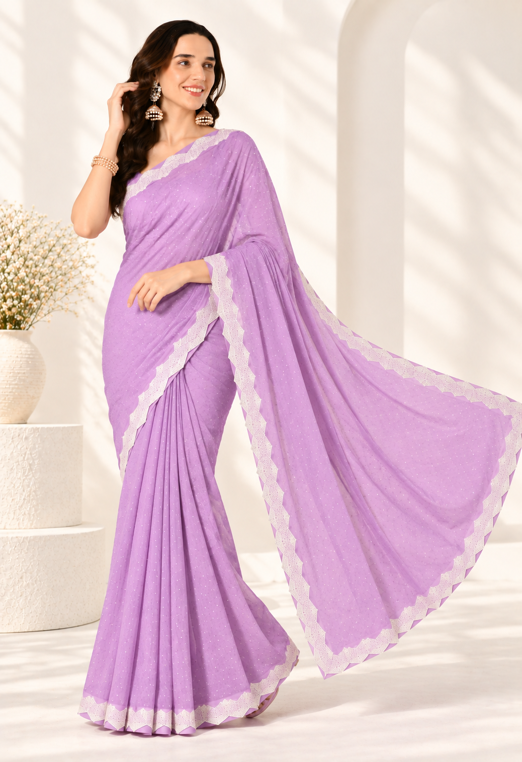 Elegant Lavender Saree with Delicate Embroidered Border