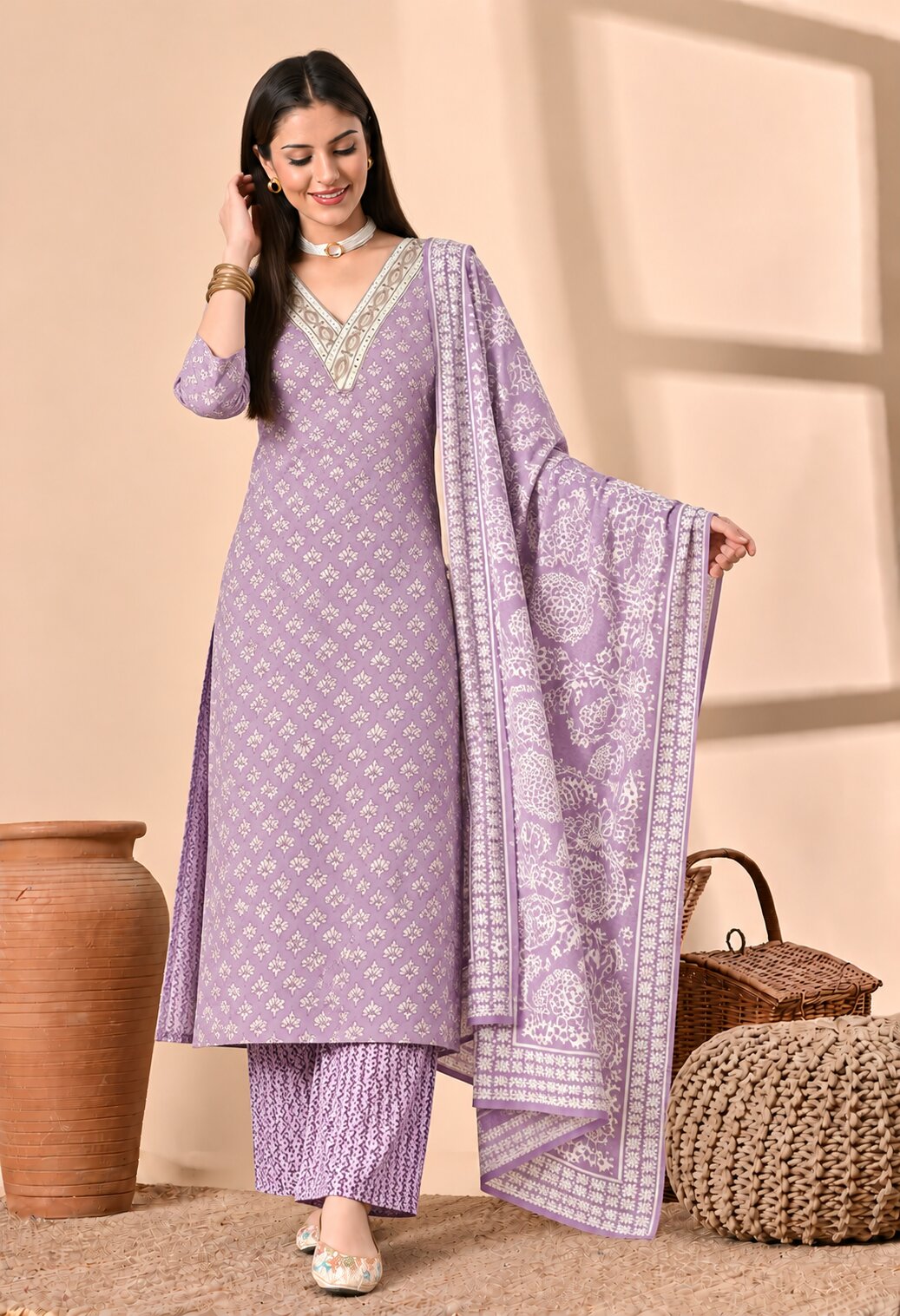 Lavender Cotton Printed Suit Set with Matching Cotton Dupatta
