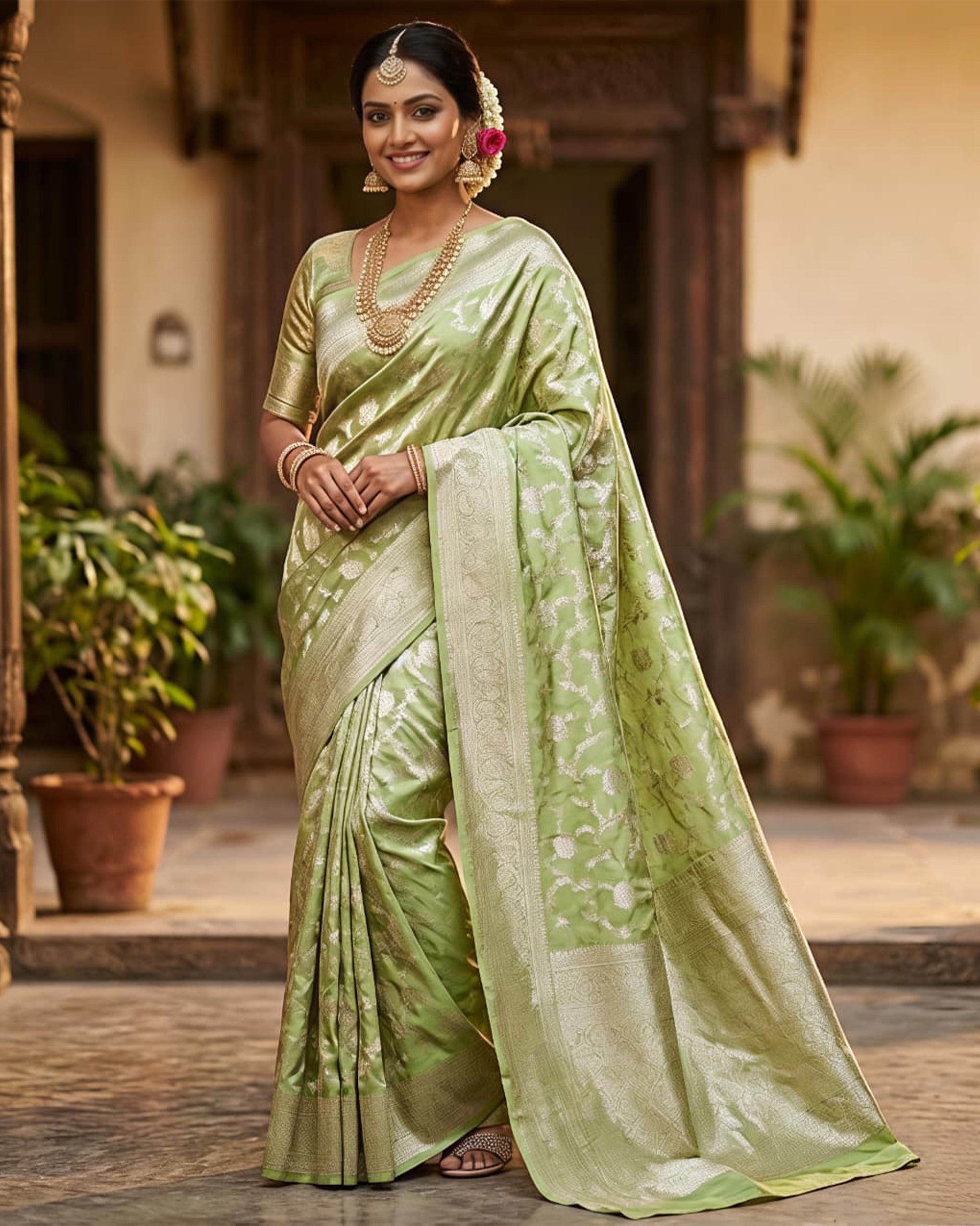 Pistachio Green & Silver-Toned Silk Blend Banarasi Saree