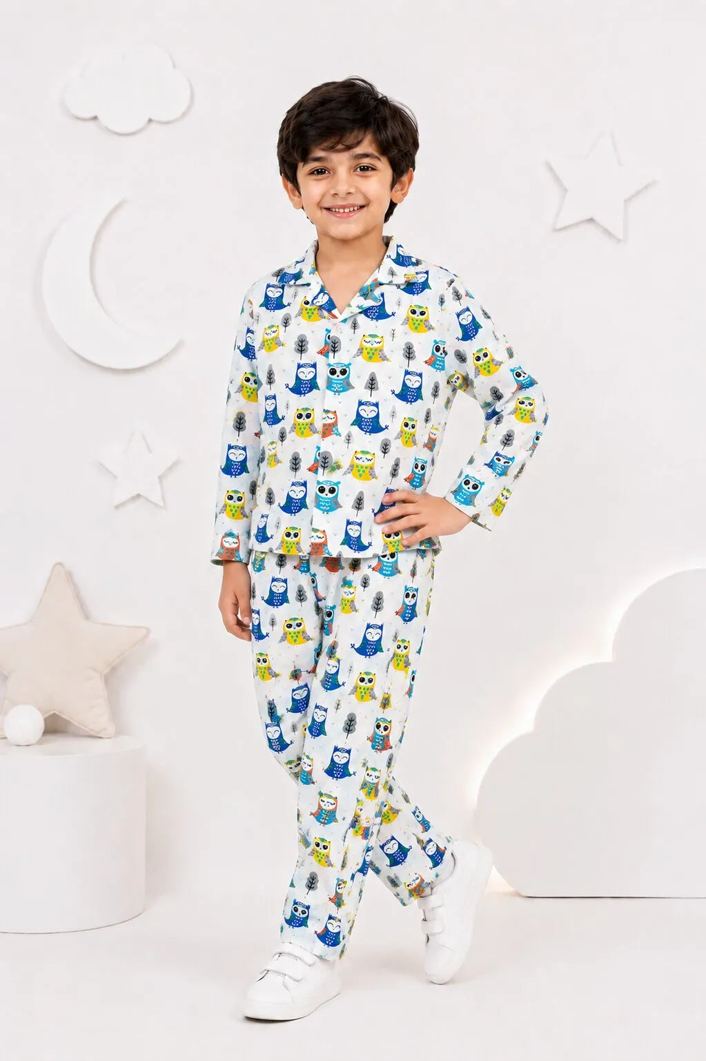 White & Blue Owl Print Pure Cotton Night Suit