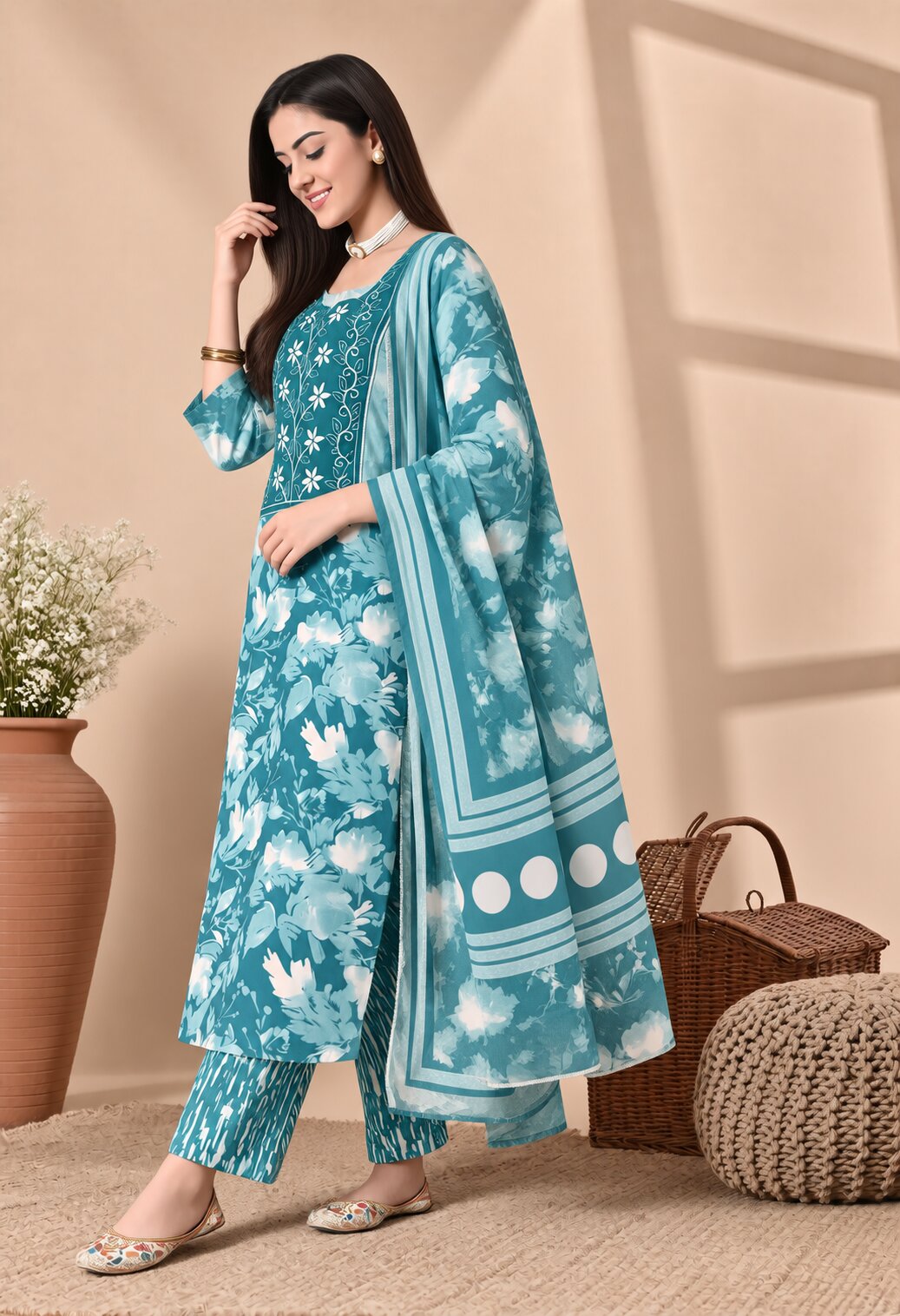 Teal Blue Cotton Printed Suit Set with Cotton Dupatta