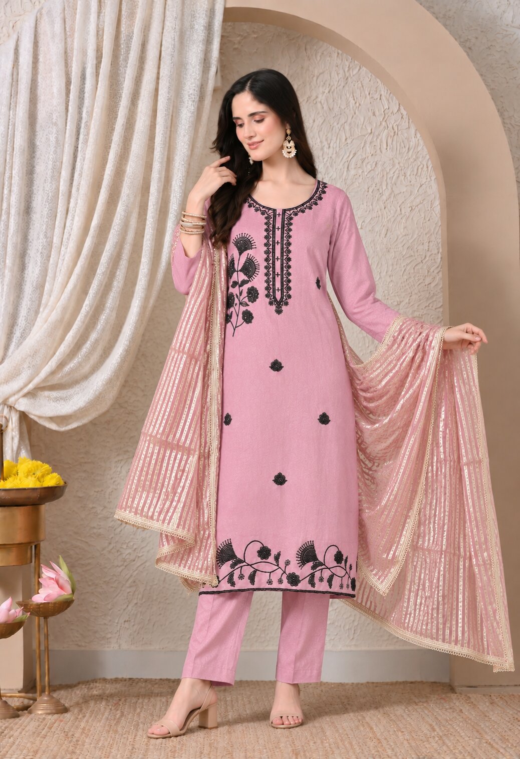 Pink Chanderi Silk Embroidered Straight Suit Set with Organza Dupatta for Women