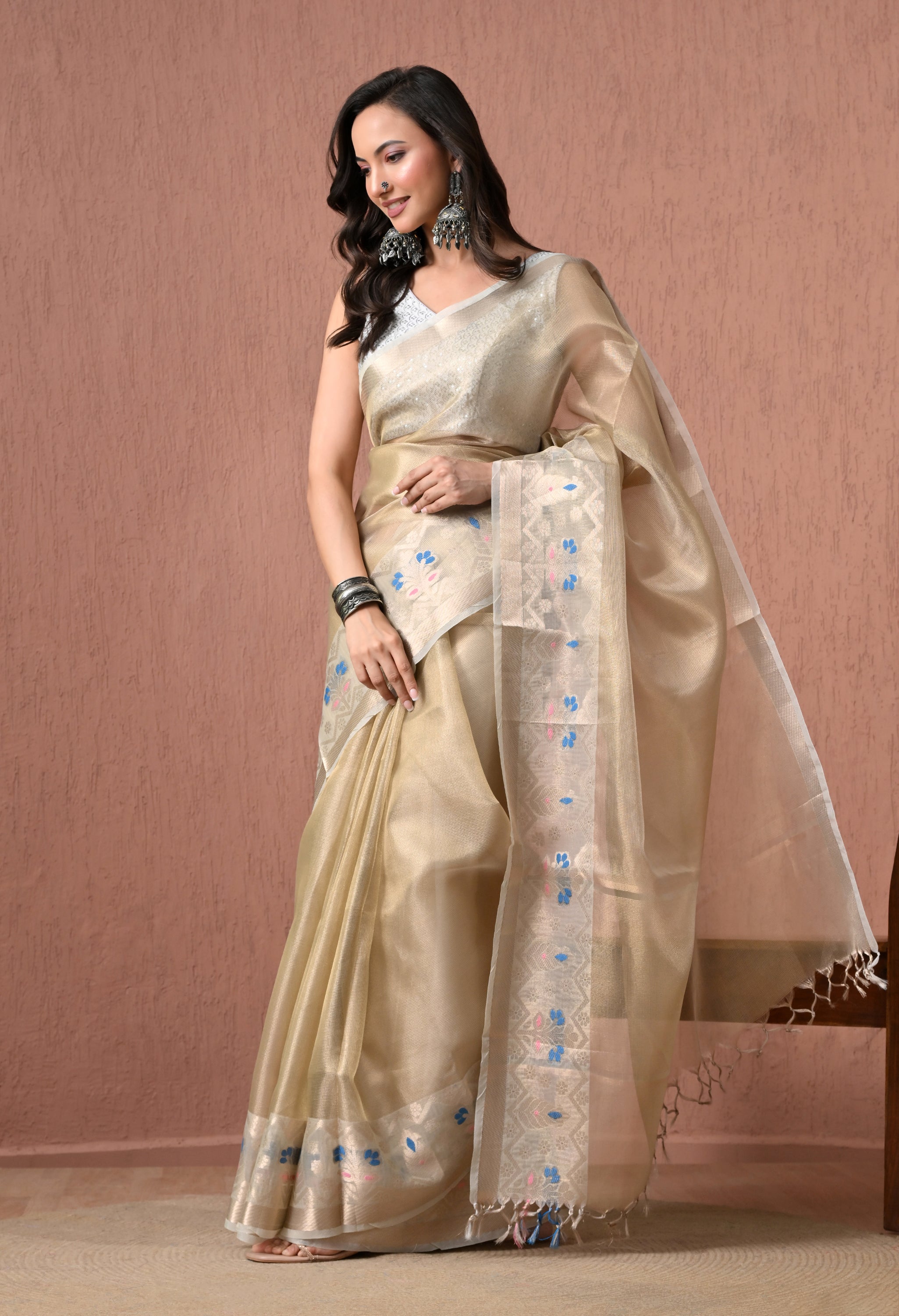 Pure Cotton Saree in Light Golden-Cream with Resham and Silver Zari Jamdani Artistry