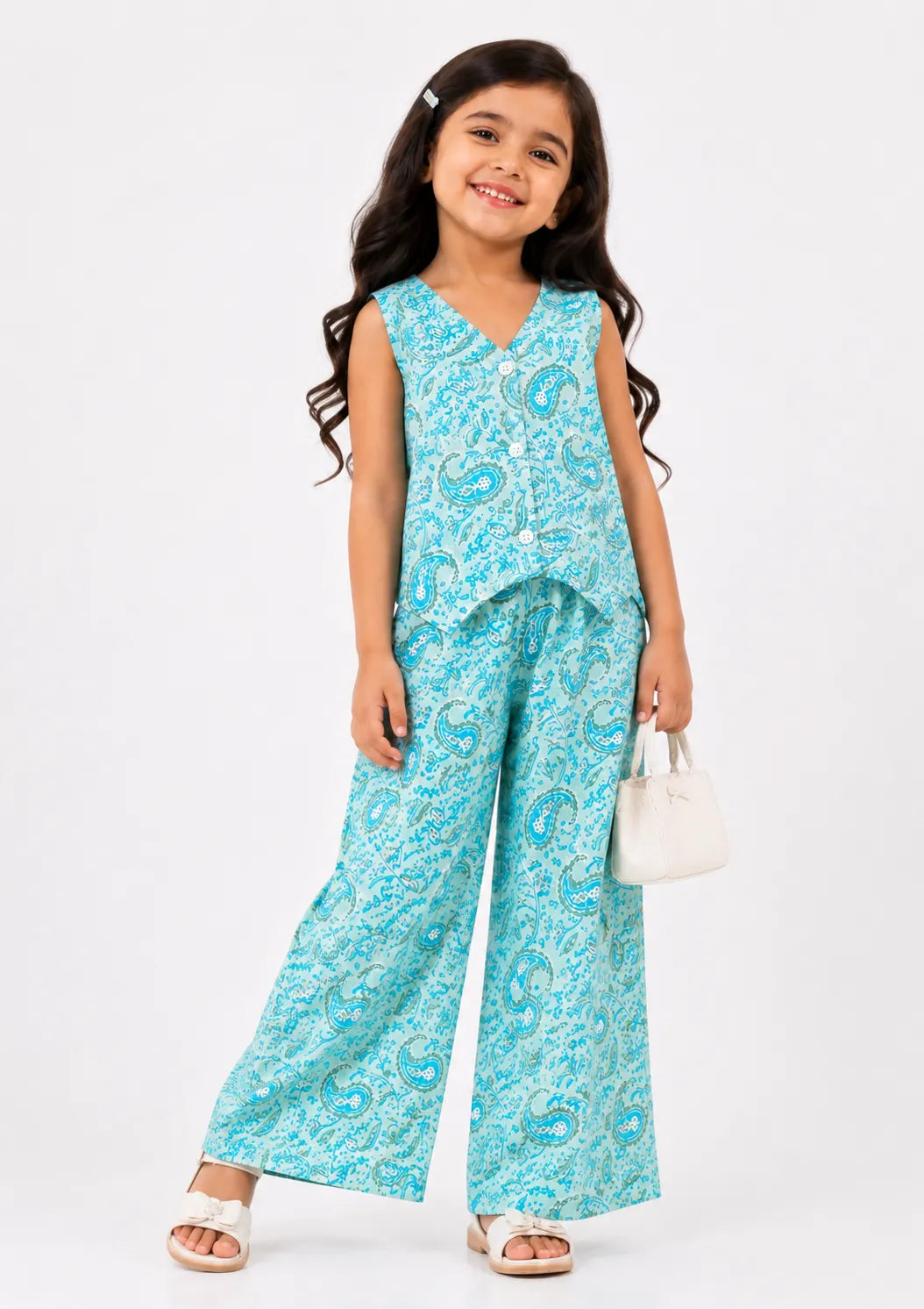 Girls Aqua Blue Paisley Printed V-Neck Sleeveless Vest & Wide-Leg Co-Ord Set