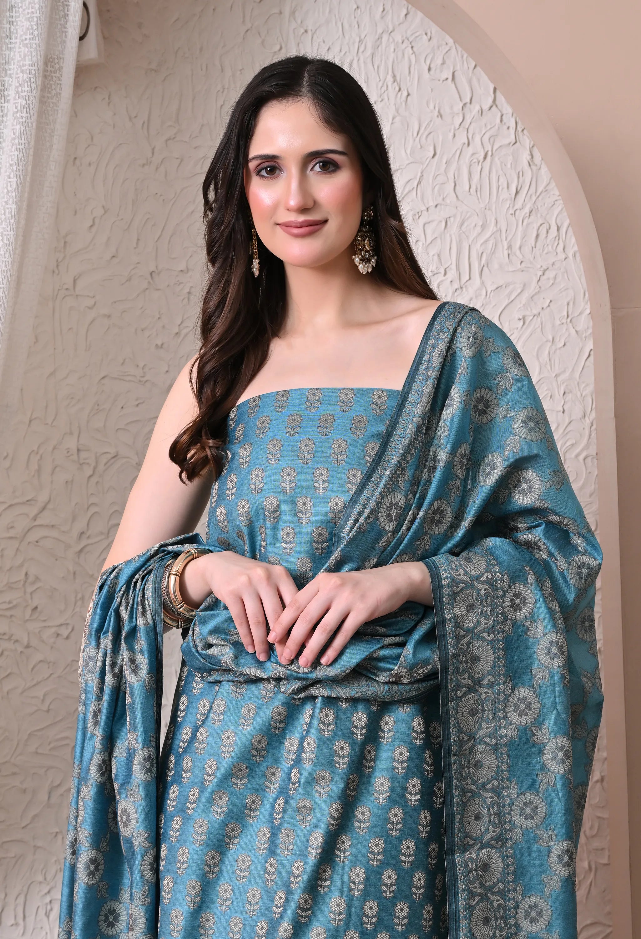 Elegant Teal Blue and Gold Woven Silk Unstitched Salwar Suit Material with Banarasi Style Dupatta