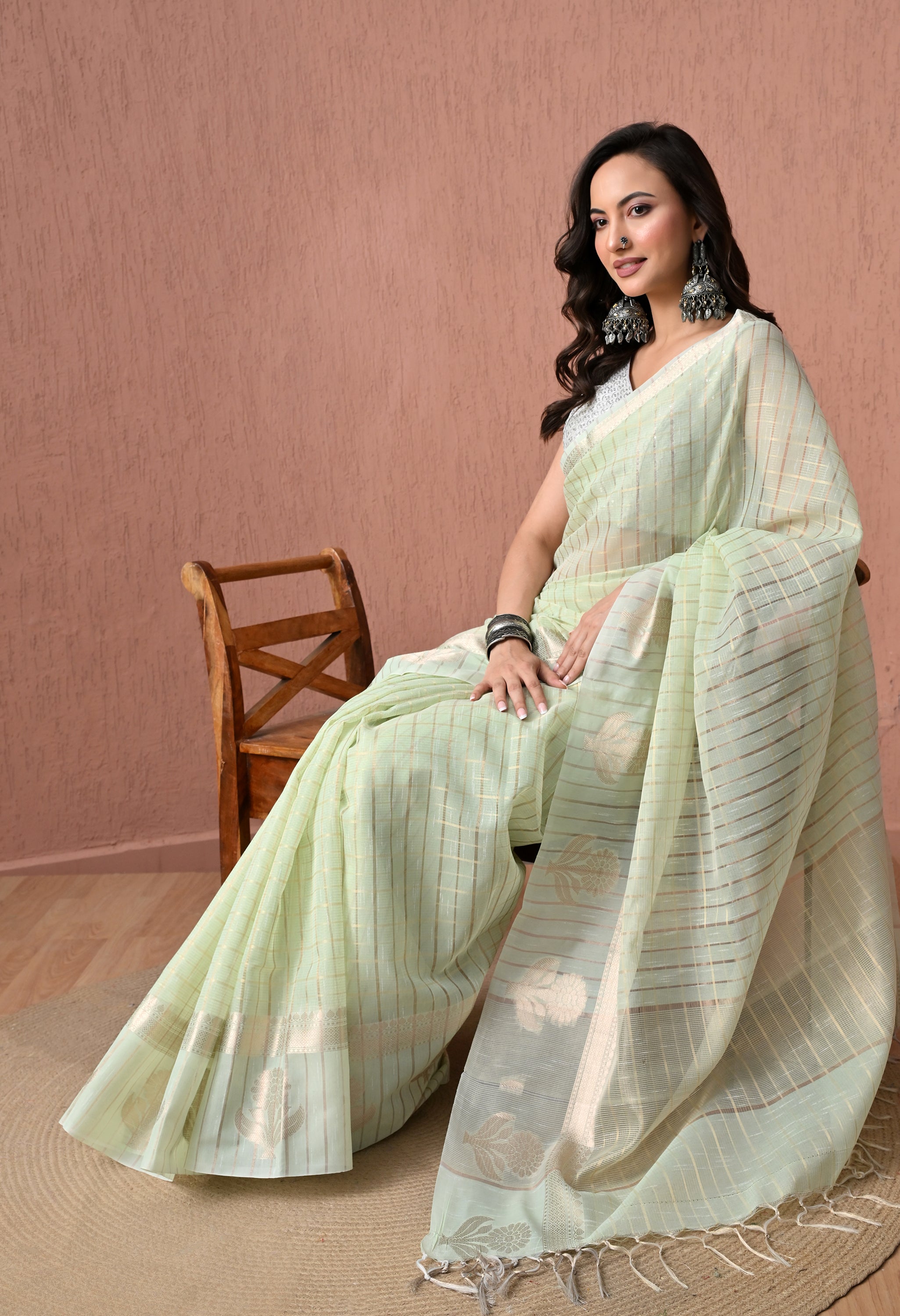 Pure Cotton Saree in Pastel Mint Green with Silver Zari Checked Pattern and Floral Pallu