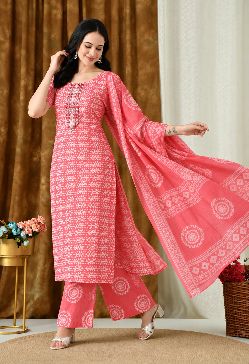 Red cotton printed Suit Set with Matching Cotton Dupatta