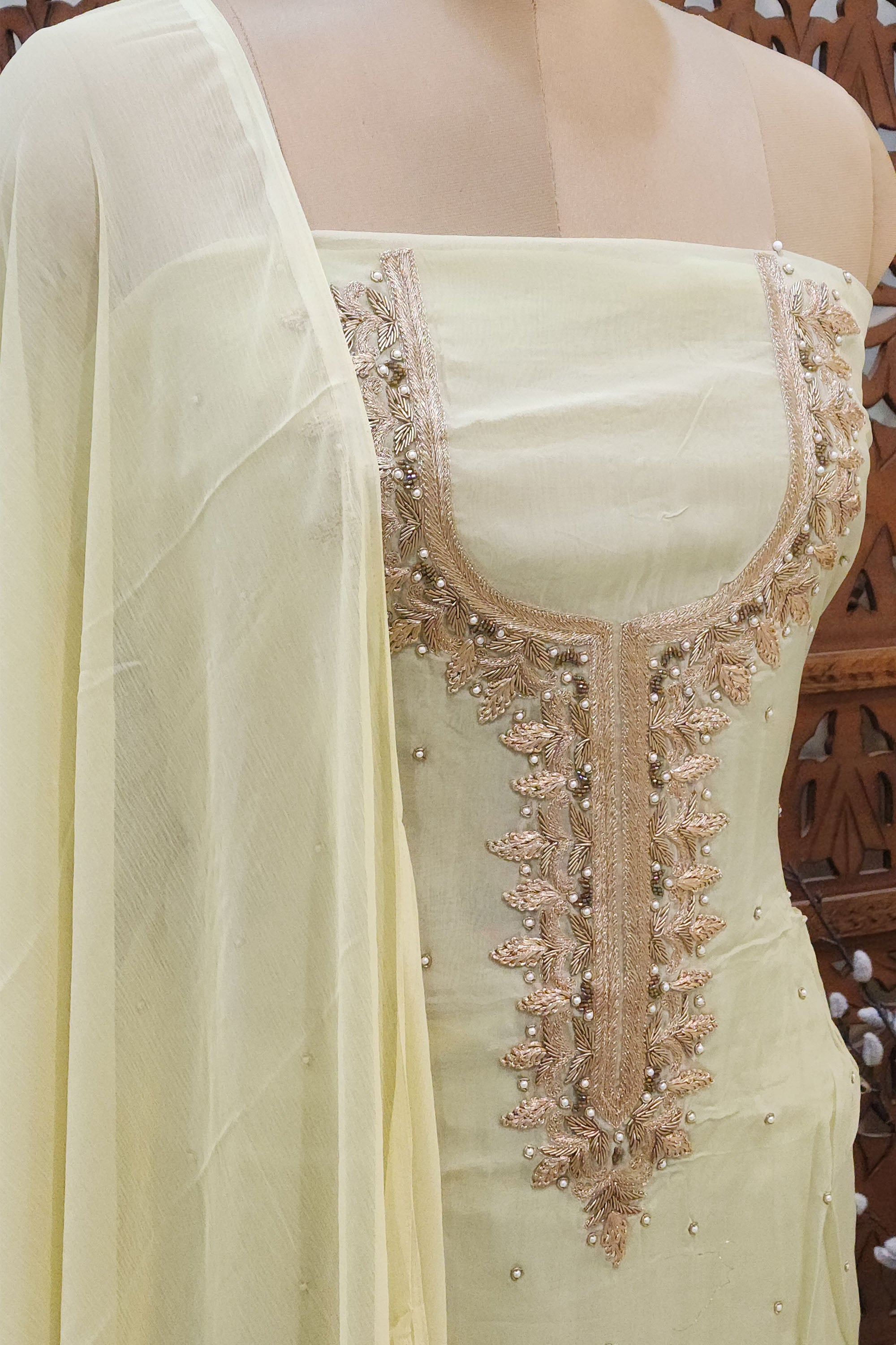 Lime Green Crepe Mirror-Work Unstitched Dress Material with Crepe  Dupatta