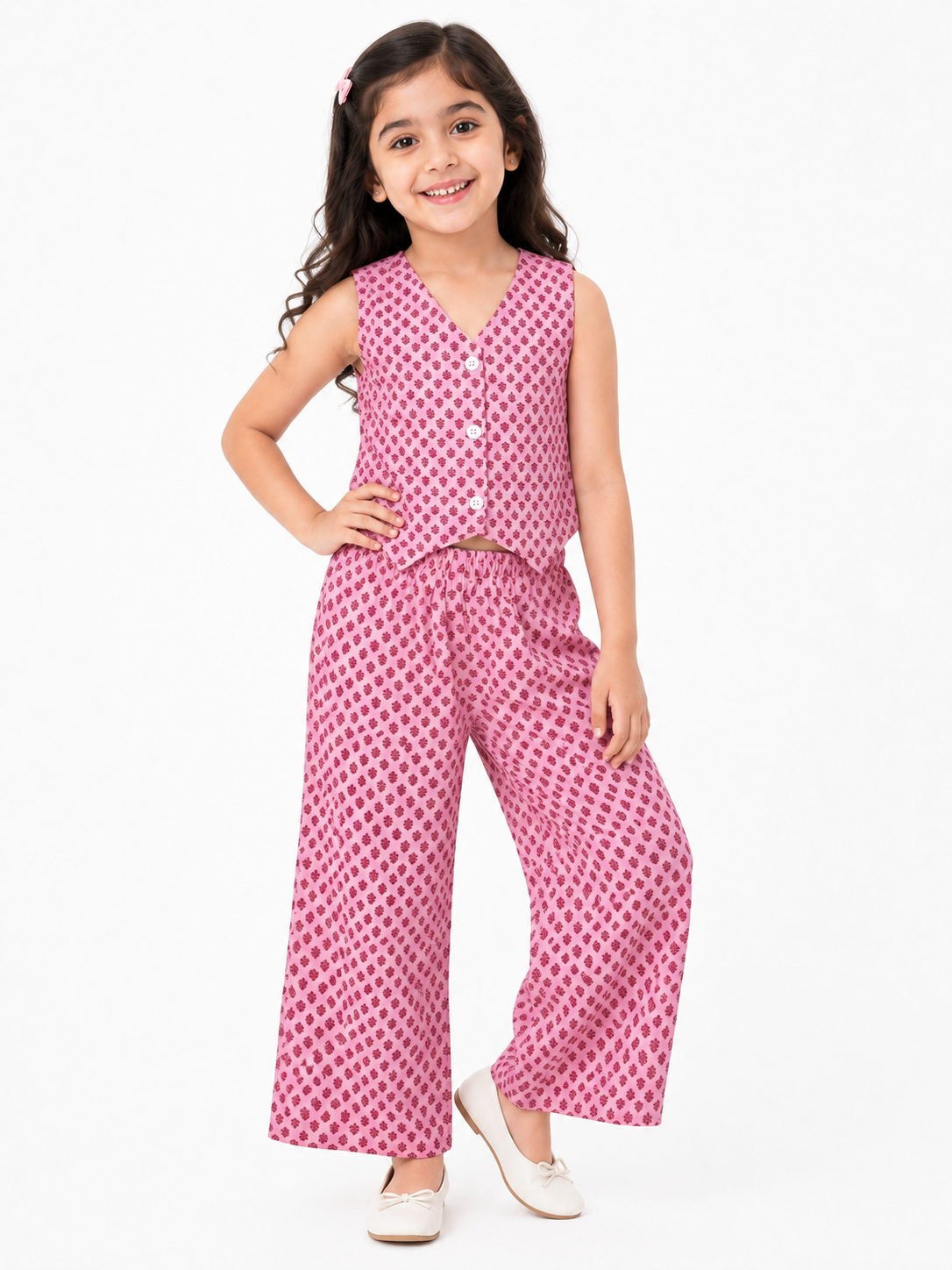 Girls Pure Cotton Tiny Motif Printed Vest Style Crop Top and Wide-Leg Trousers Co-Ord Set