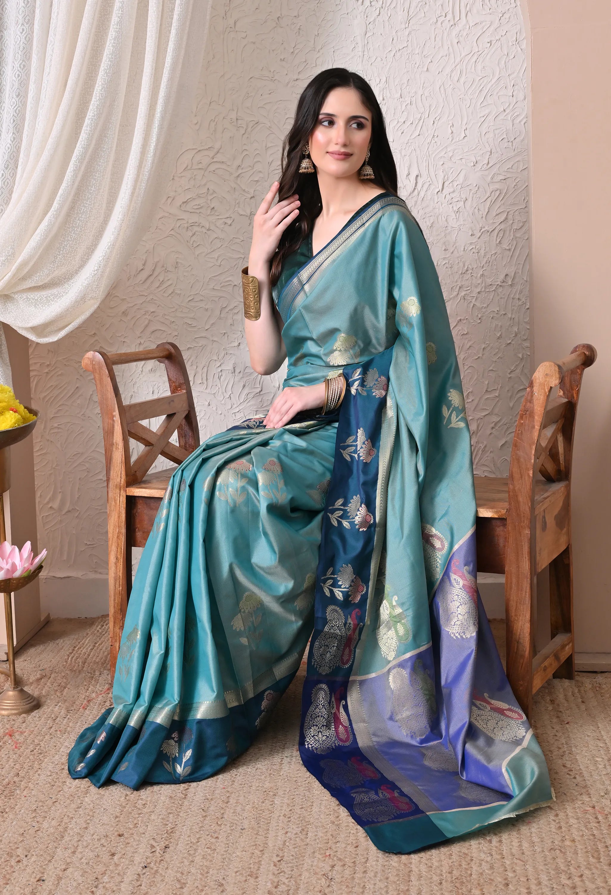 Sophisticated Sea Green and Peacock Blue Silk Blend Saree