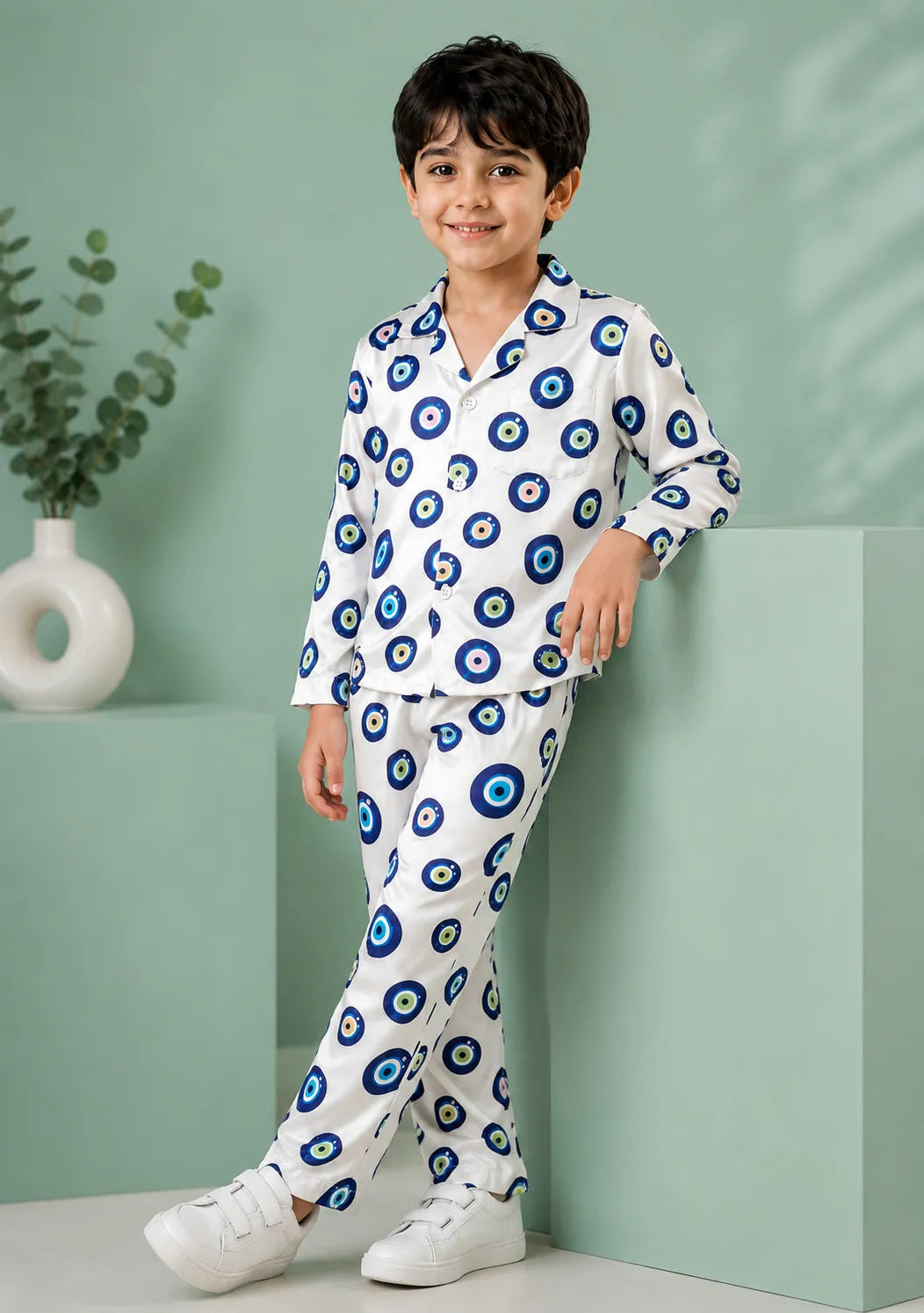 Boys' Evil Eye Printed Premium Satin Night Suit – Full Sleeve Shirt & Pajama Se