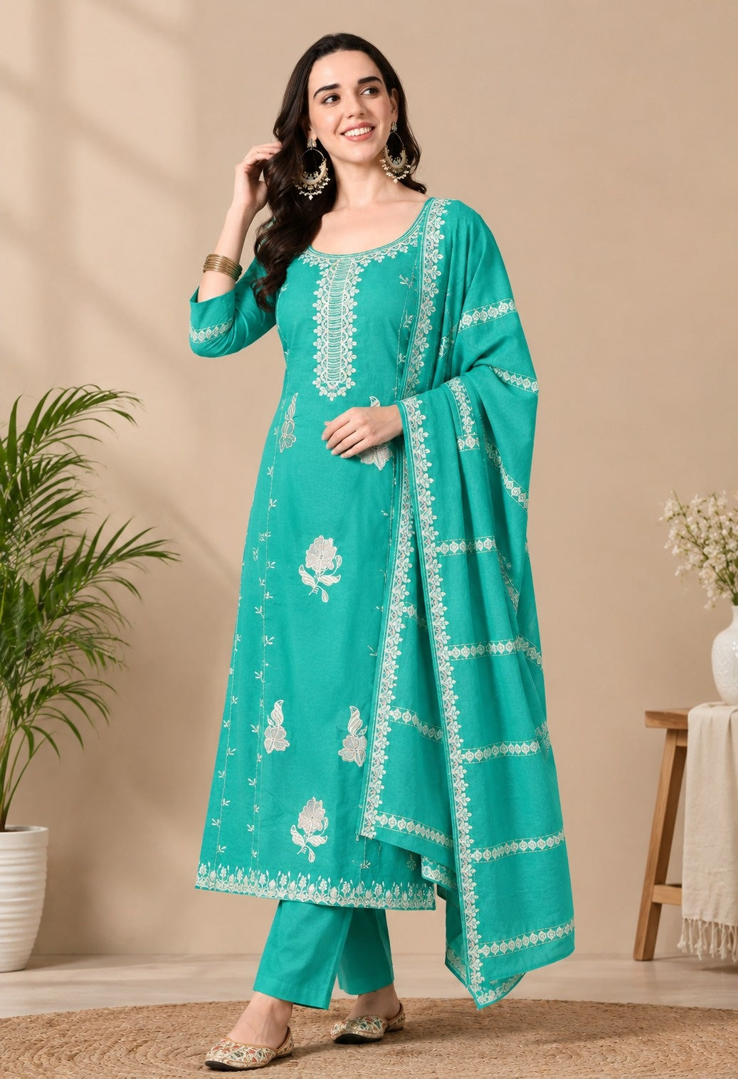 Green Chanderi Silk Embroidered Kurta Set with Organza Dupatta