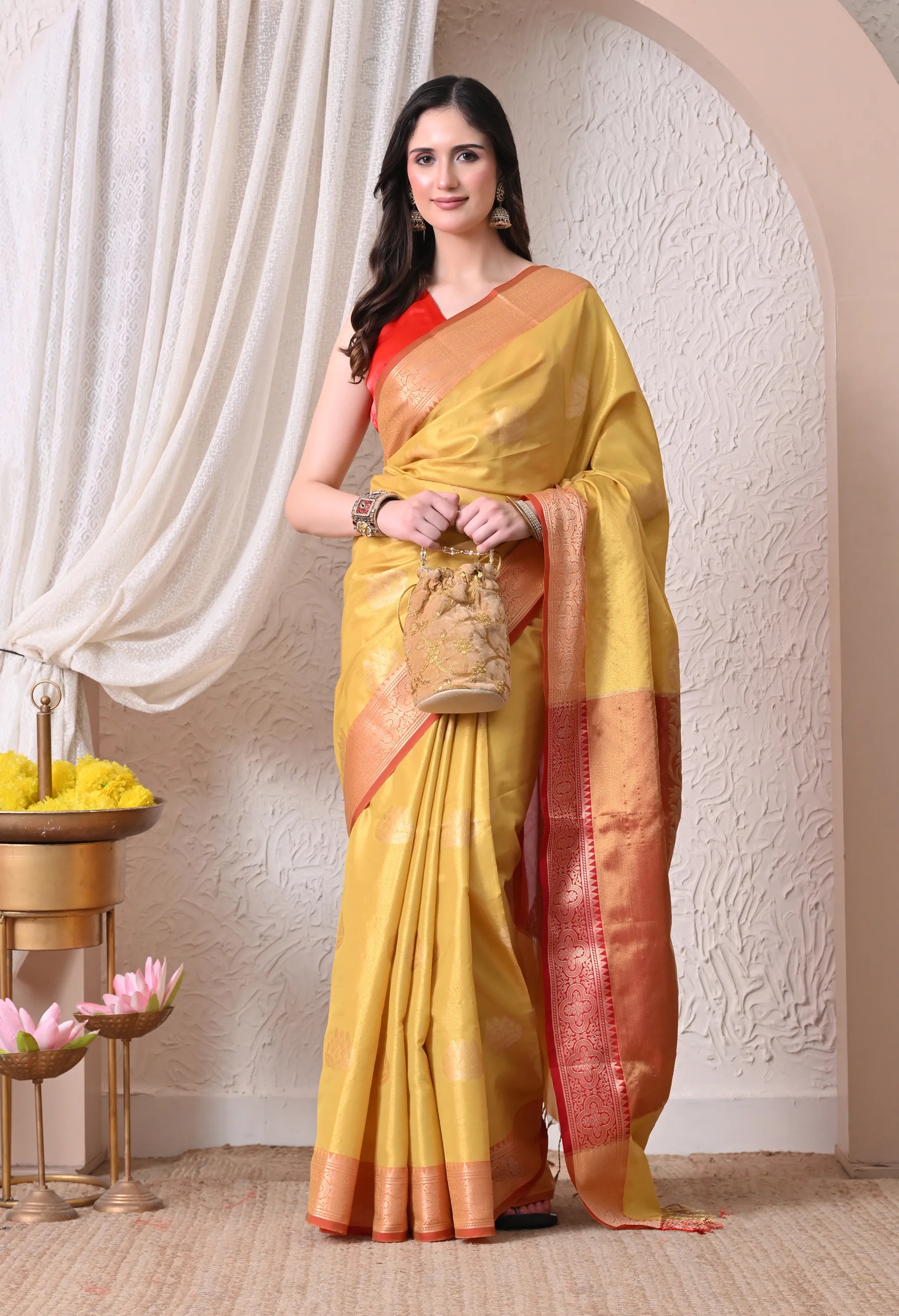 Mustard Yellow & Rust Red Silk Blend Banarasi Saree with Lotus Butis