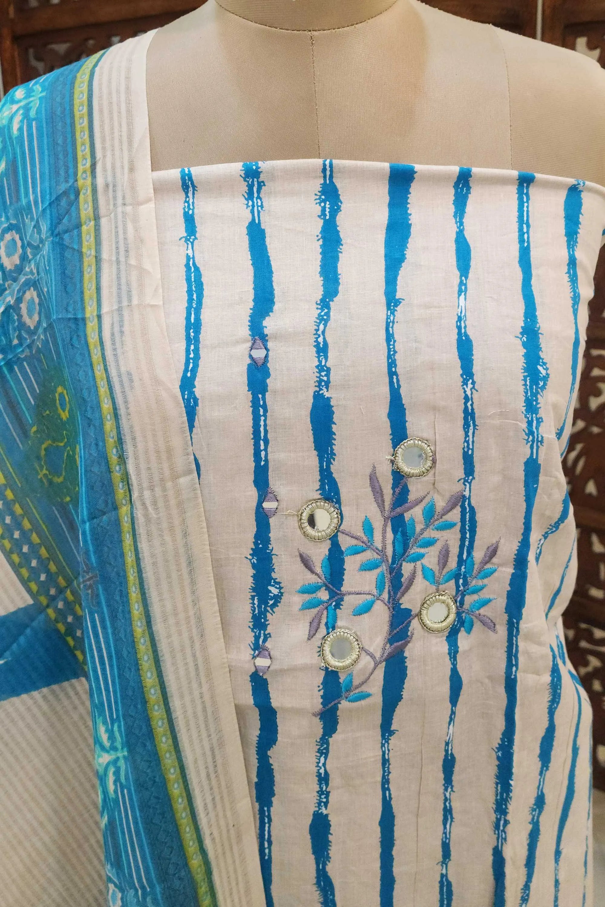 Women Off-White & Blue Striped Pure Cotton Unstitched Dress Material with Mirror Work