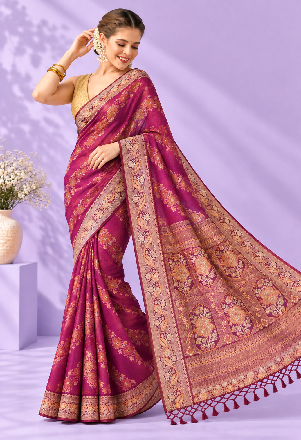 Elegant Pink Printed Saree with Intricate Floral Pallu & Tassel Detailing