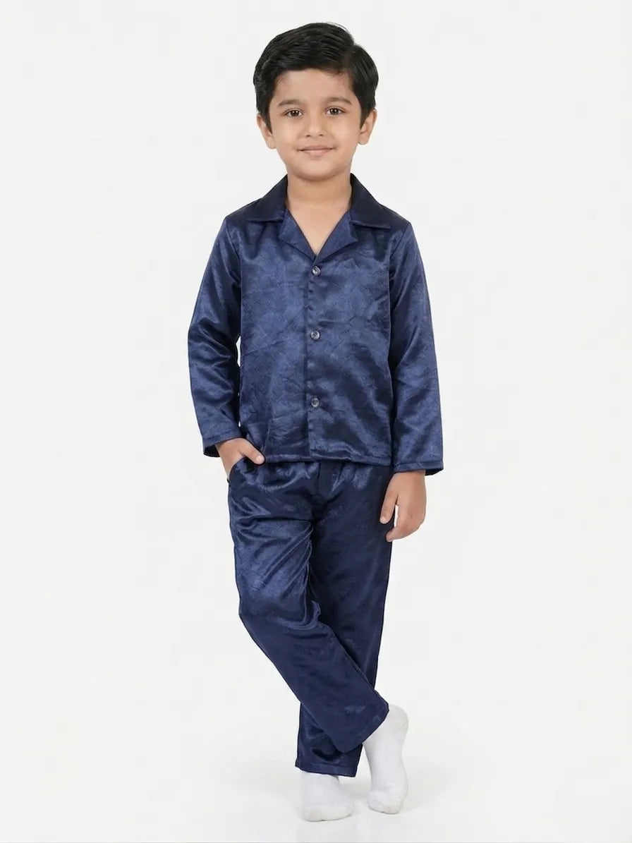 Boys' Navy Blue Luxury Satin Night Suit Set – Smooth Full-Sleeve Shirt & Relaxed Pyjamas