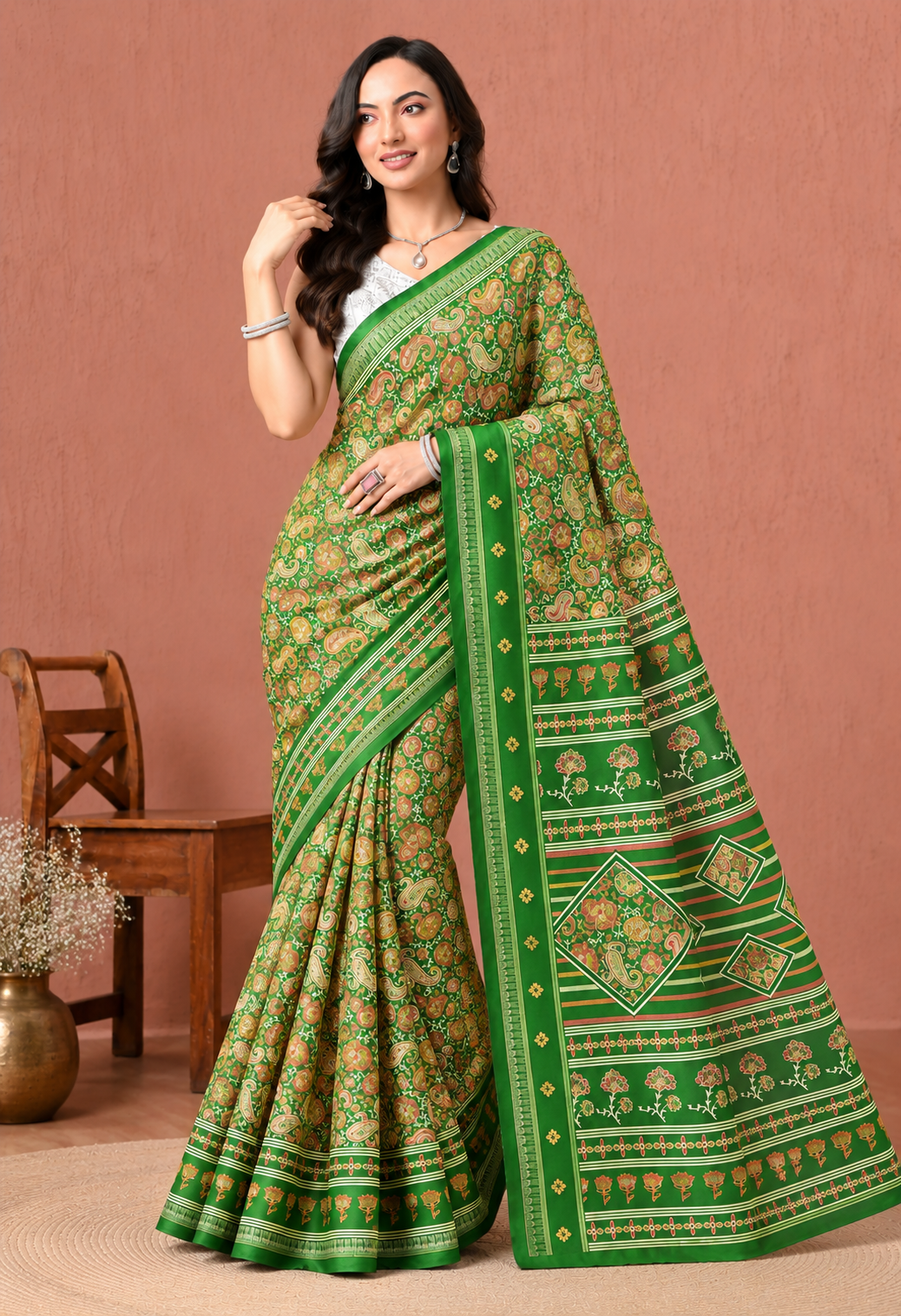 Elegant Green Georgette Saree with Intricate Floral Print and Traditional Border