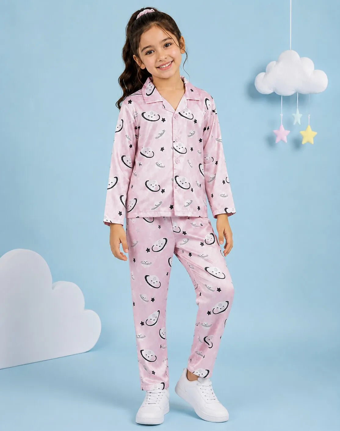 Girls Pink Celestial Printed Satin Night Suit Set
