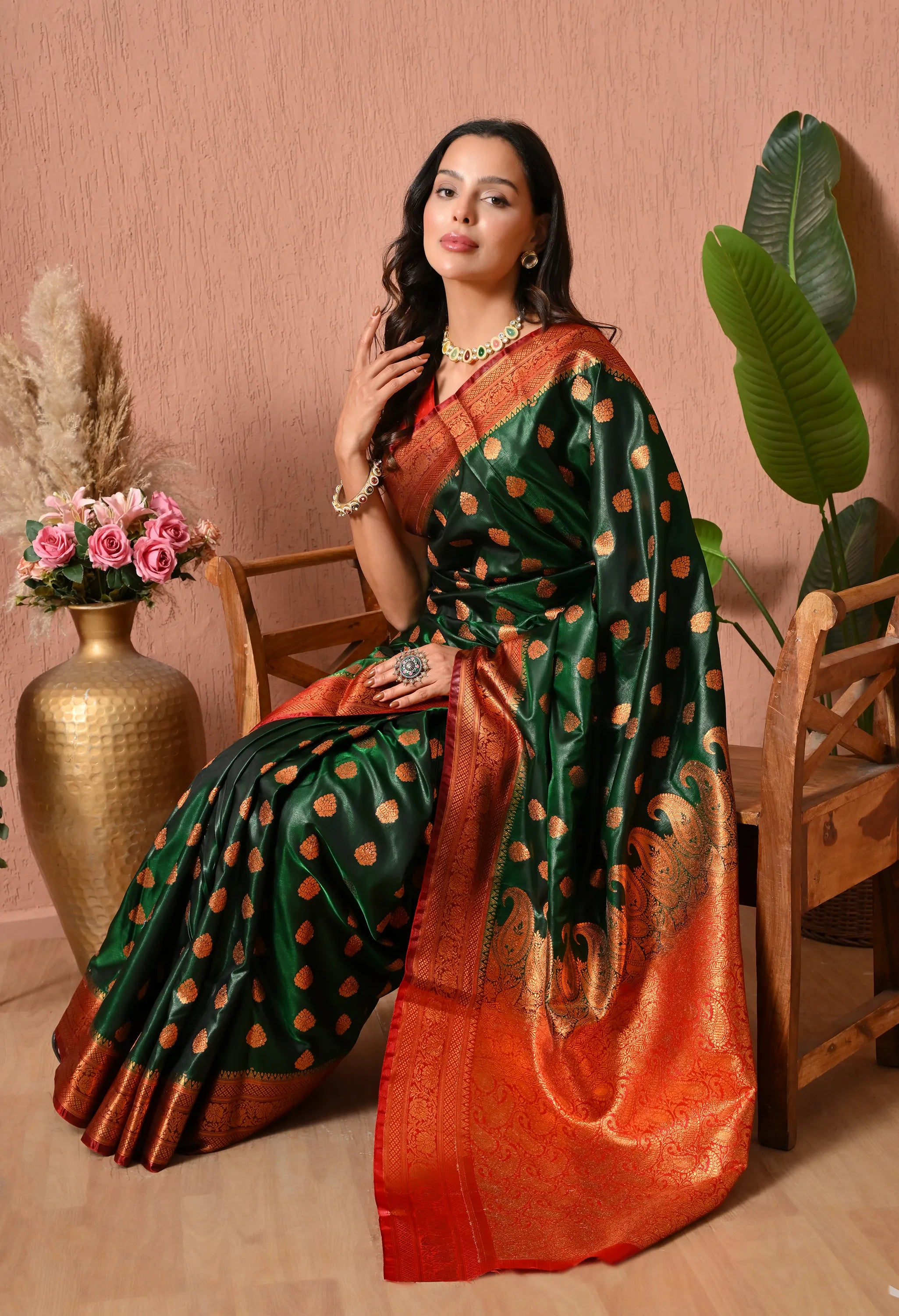 Regal Bottle Green Silk Blend Banarasi Style Saree with Contrast Red Zari Pallu
