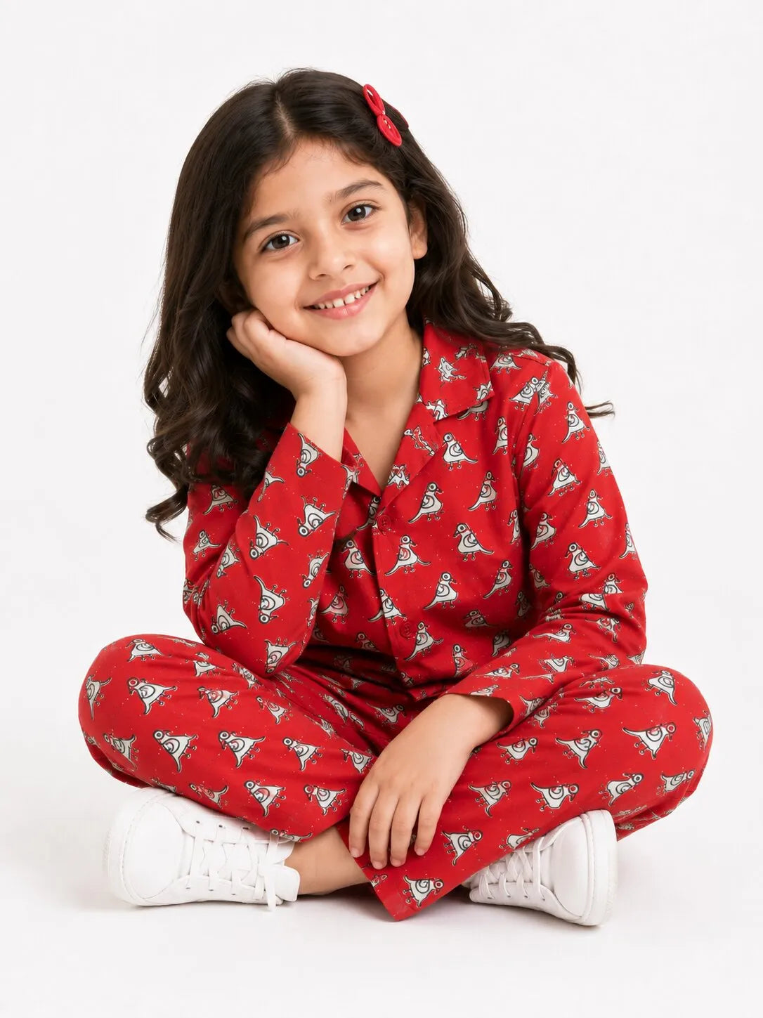 Girls Red & White Bird Print Cotton Night Suit