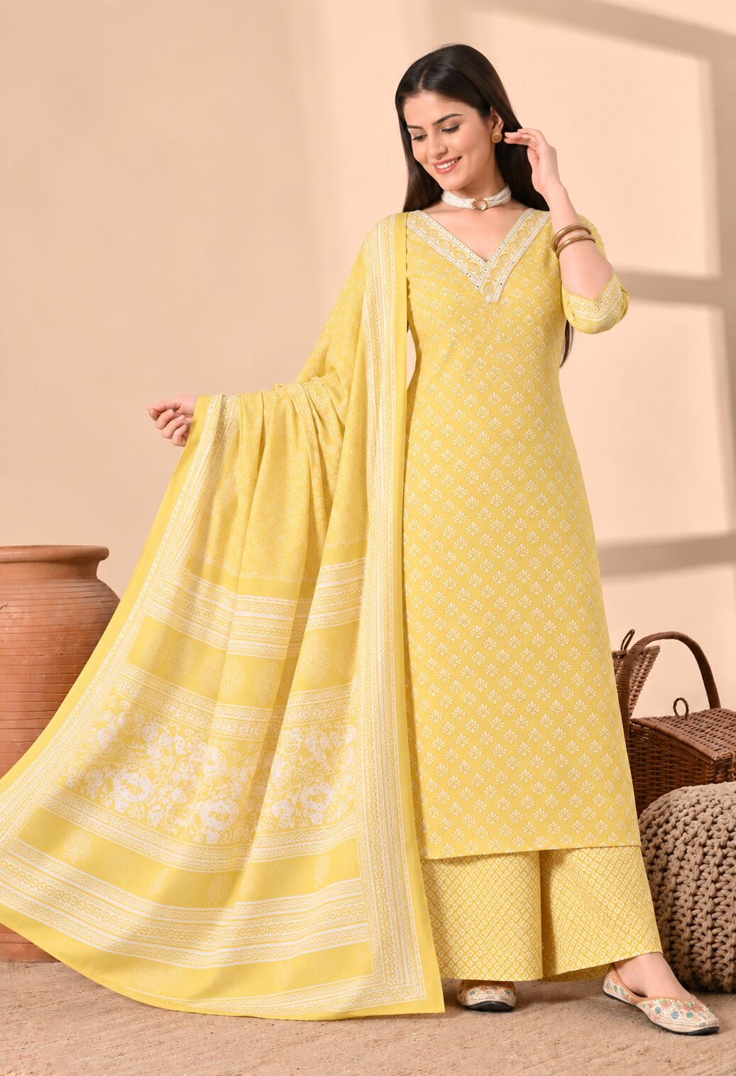 Yellow Cotton Printed Straight Suit Set with Matching Cotton Dupatta