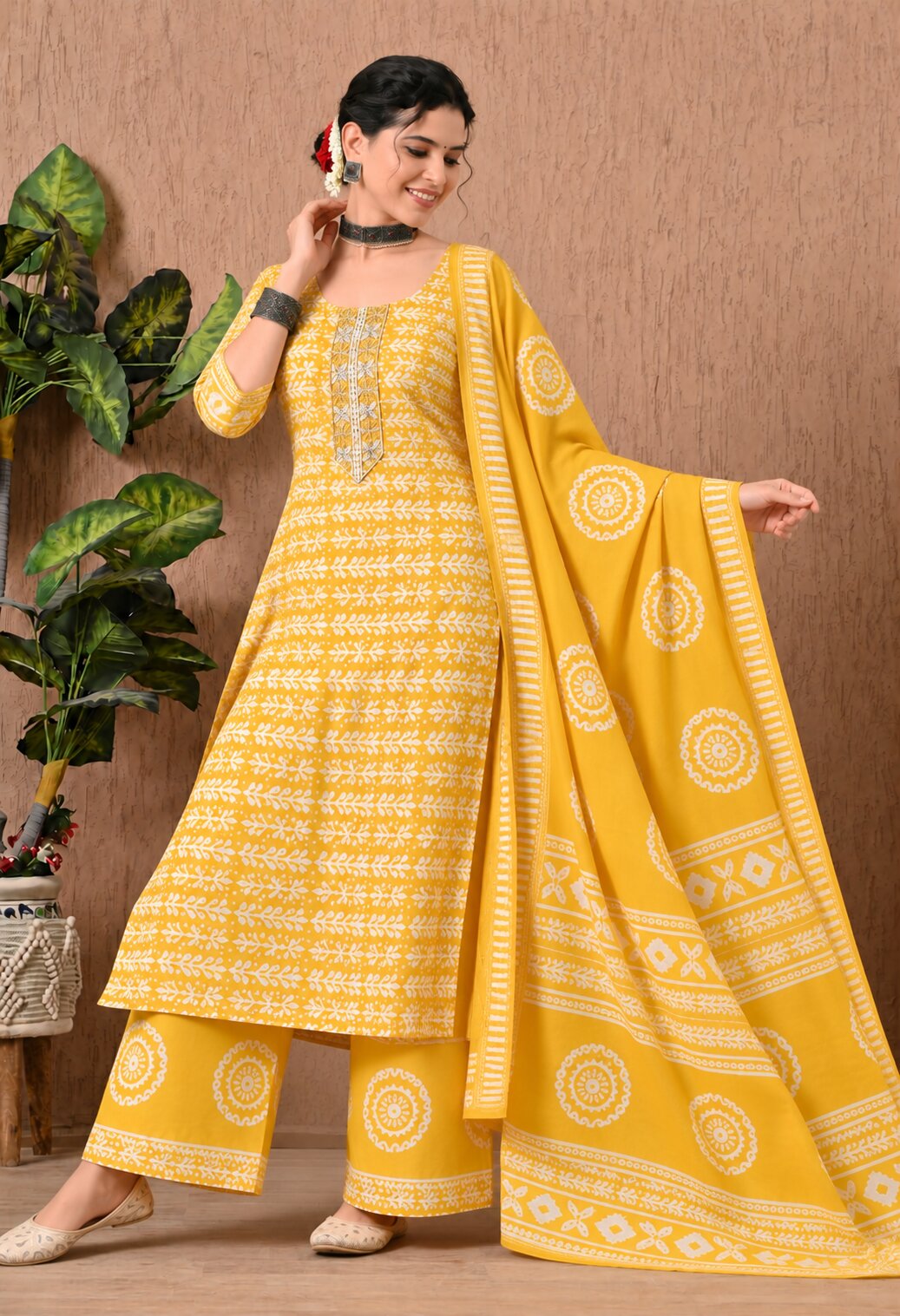 Mustard Yellow Cotton Printed Suit Set with Matching Cotton Dupatta for Women